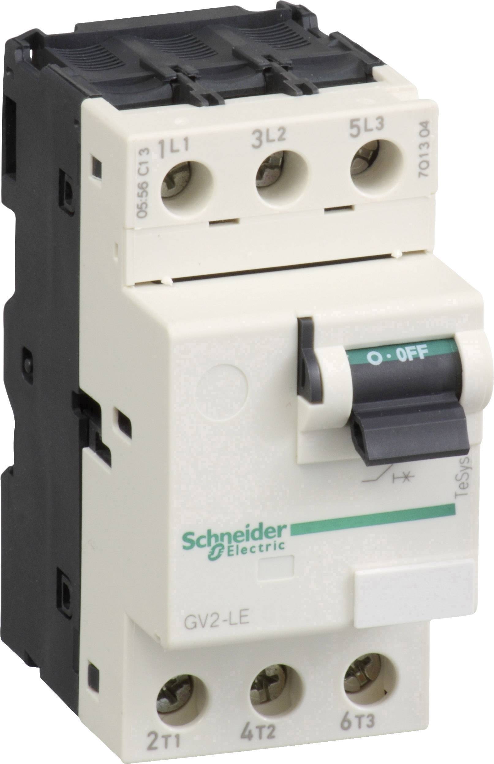 Ein dreipoliger Schalter von Schneider Electric, gekennzeichnet mit Ein/Aus-Schalter und Modellnummer GV2-LE, für Industriemaschinen.