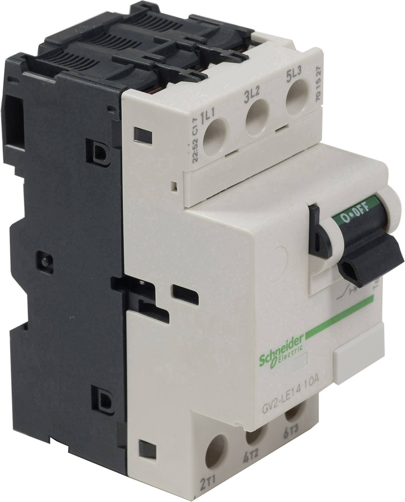 Ein weißer und schwarzer Leistungsschalter von Schneider Electric mit mehreren Anschlussklemmen und einem grünen 'O-I' Schalter oben.