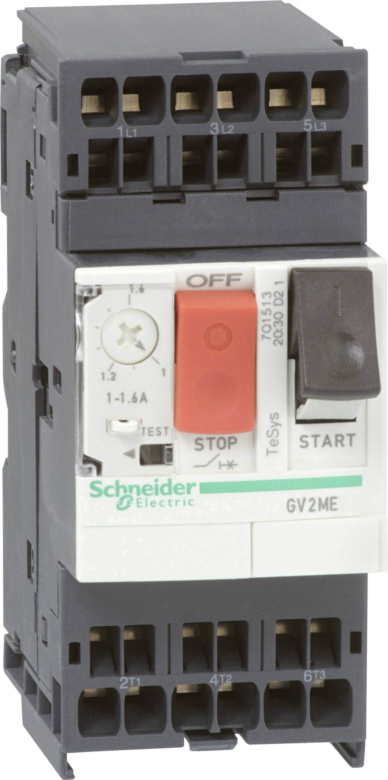 Ein Leistungsschutzschalter von Schneider Electric mit einem roten 'Stop' und einem schwarzen 'Start' Knopf, Typ GV2ME.