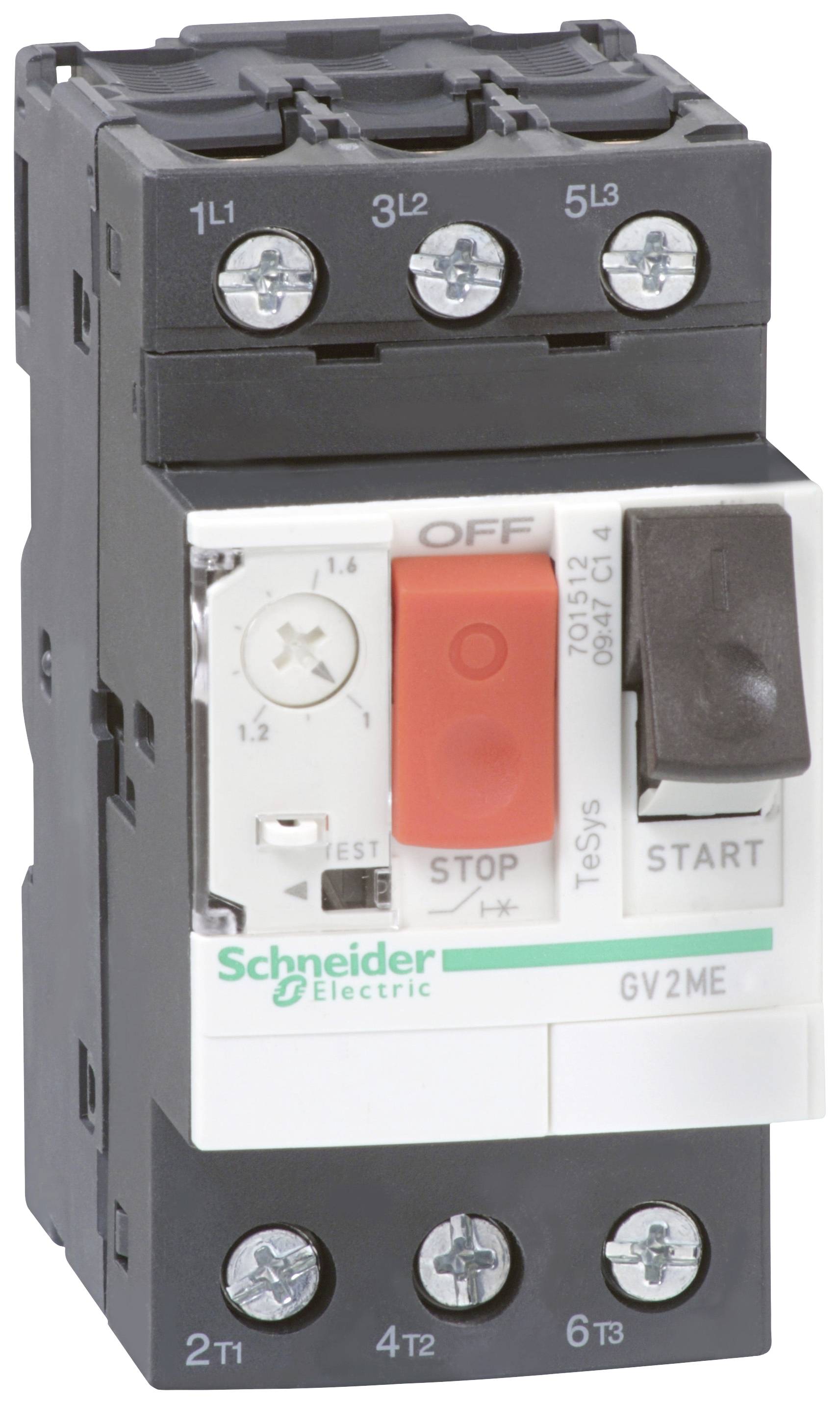 Motorschutzschalter von Schneider Electric mit Beschriftungen 'STOP' und 'START'. Hauptschalter für Schutz und Steuerung elektrischer Motoren.