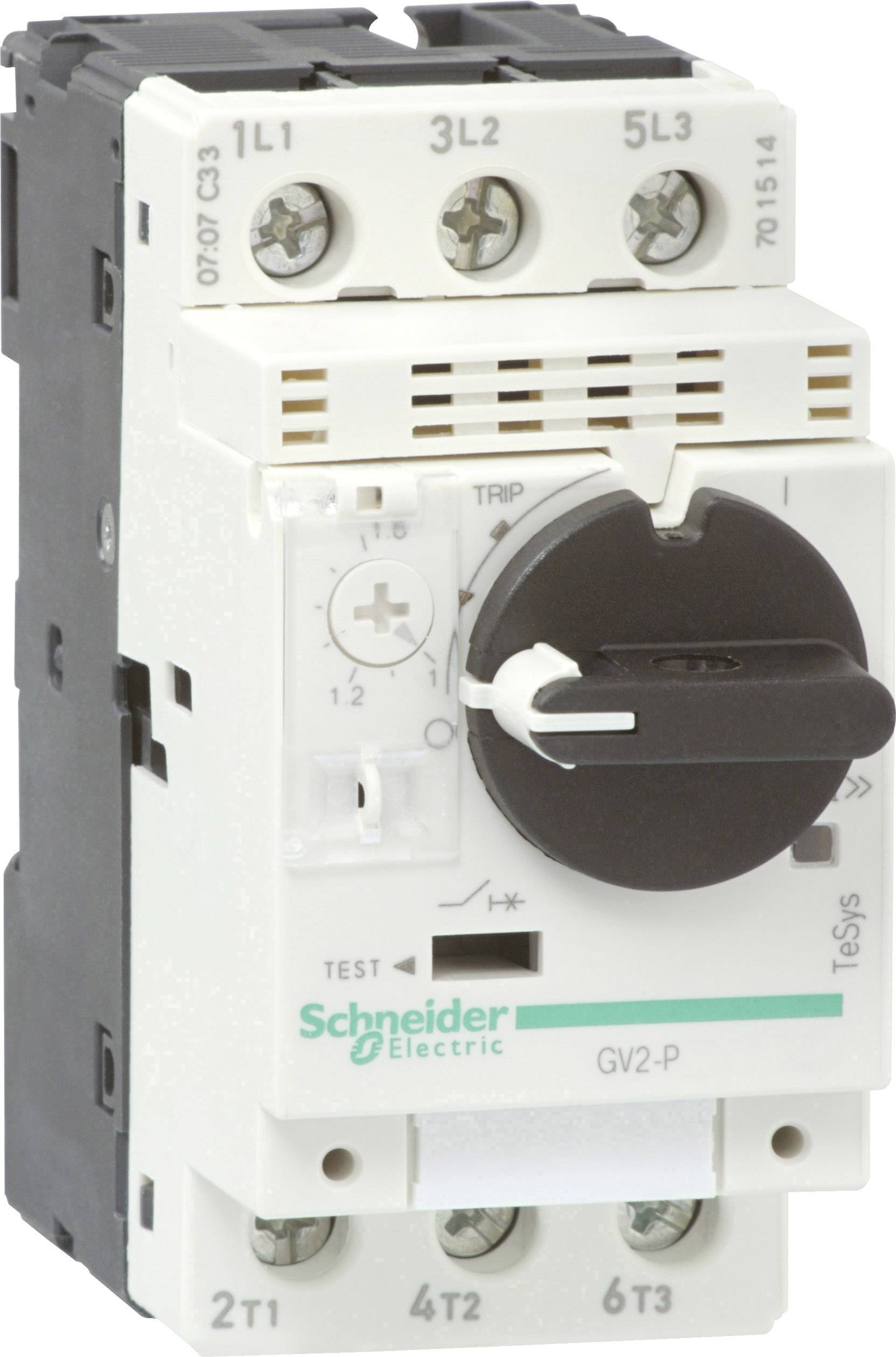 Ein weißer, rechteckiger Leistungsschalter von Schneider Electric mit Drehgriff und mehreren Anschlussklemmen.