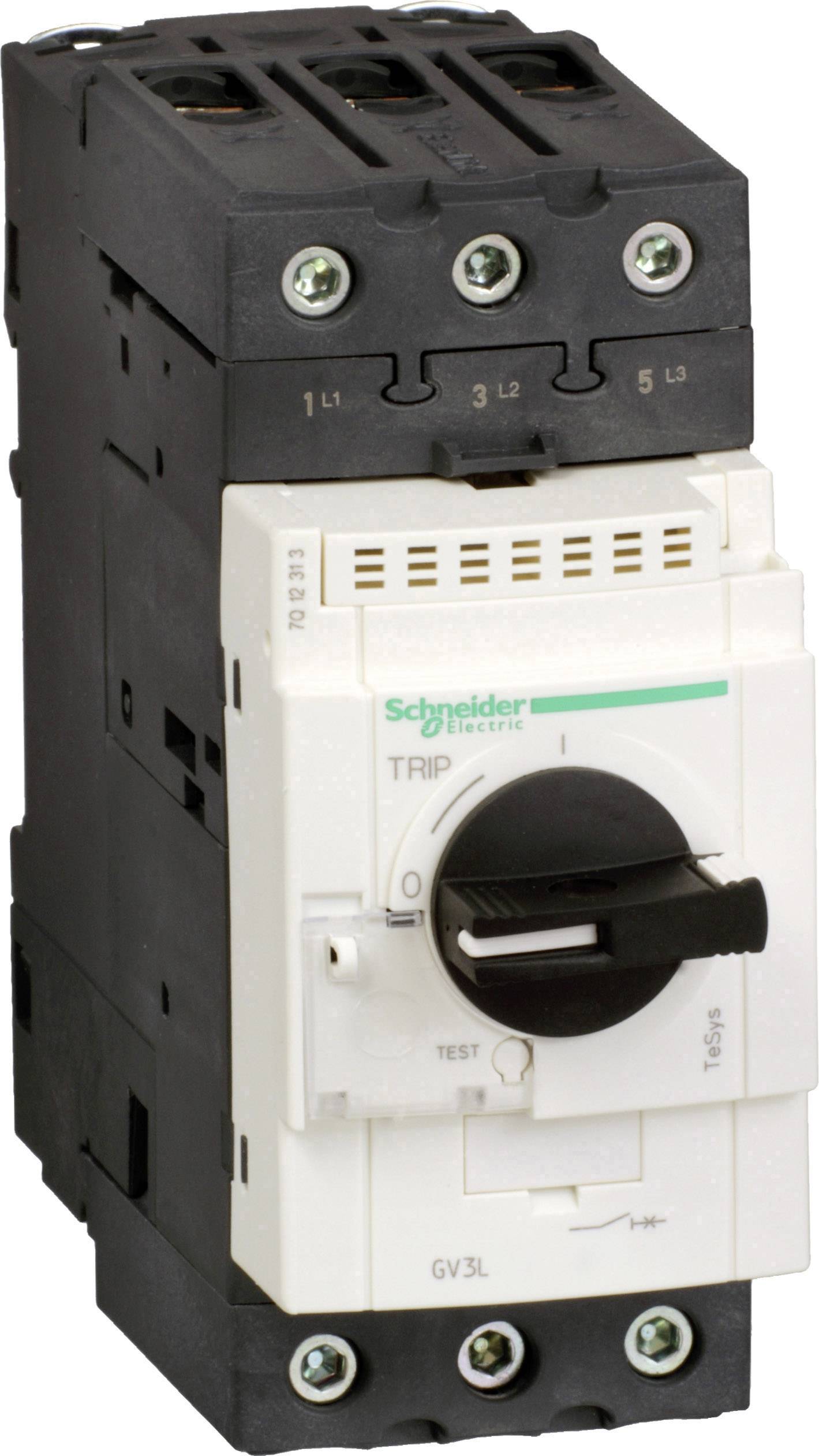 Ein elektrischer Leistungsschalter, schwarz und weiß, mit Drehschalter und Anschlüssen für drei Phasen.