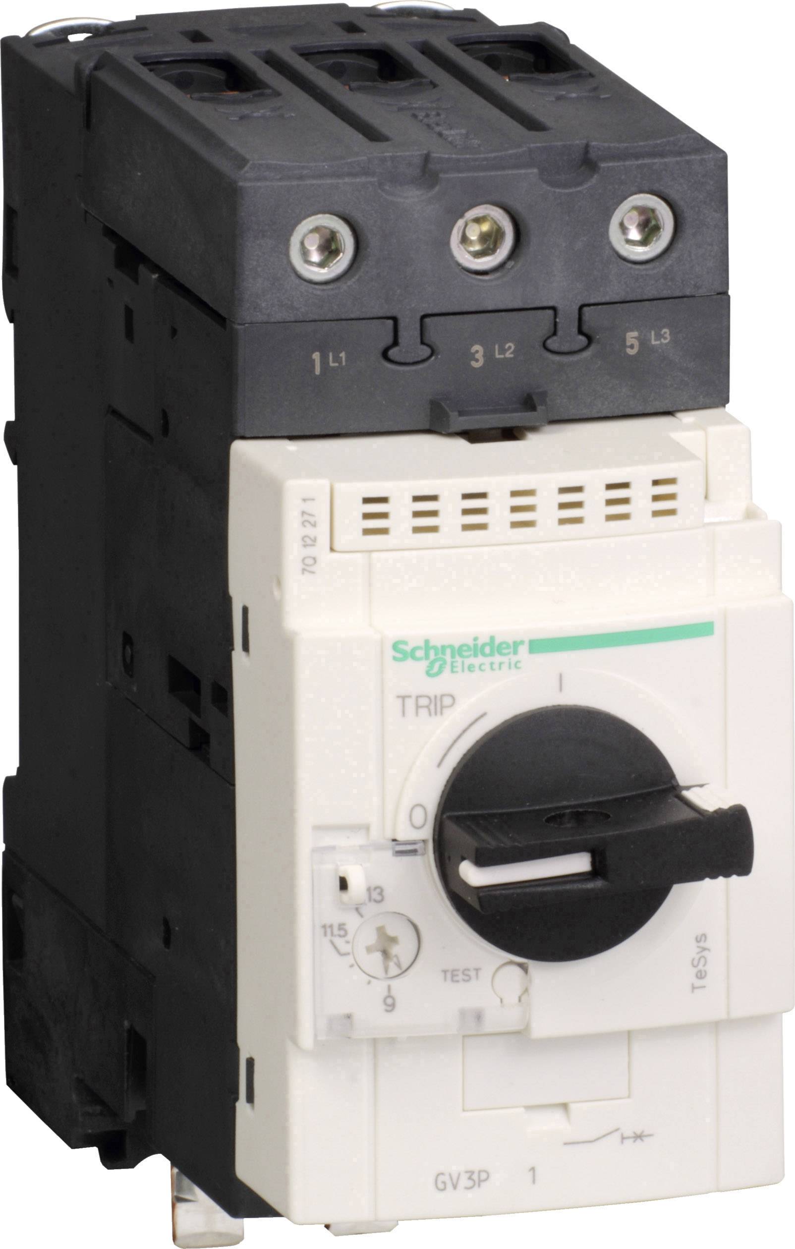 Ein Motor-Schutzschalter der Marke Schneider Electric, Modell GV3P. Der Schalter verfügt über einen schwarzen Drehknopf und mehrere Anschlussklemmen.