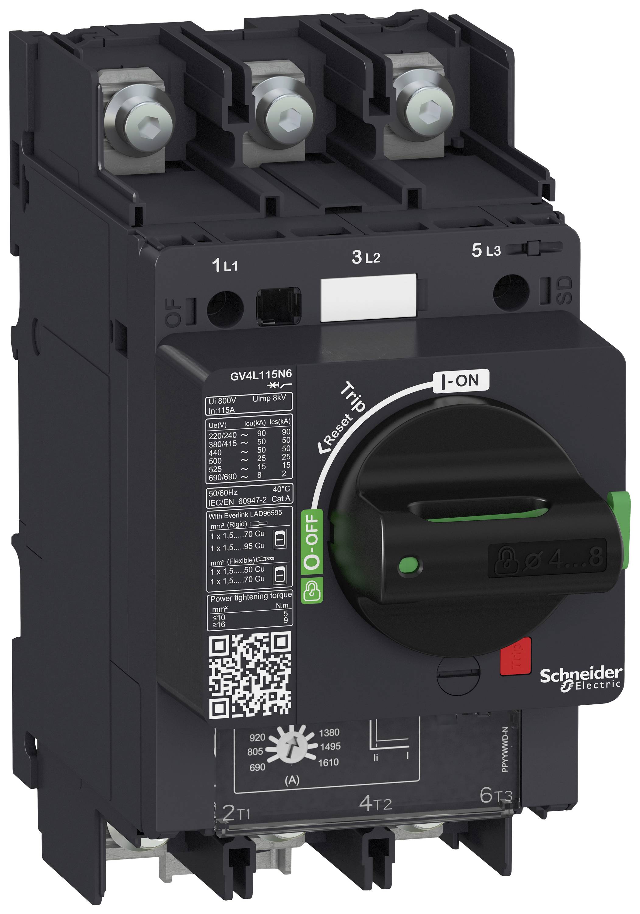 Ein schwarzer Leistungsschalter von Schneider Electric mit grünem und schwarzem Drehgriff, Beschriftungen und QR-Code.