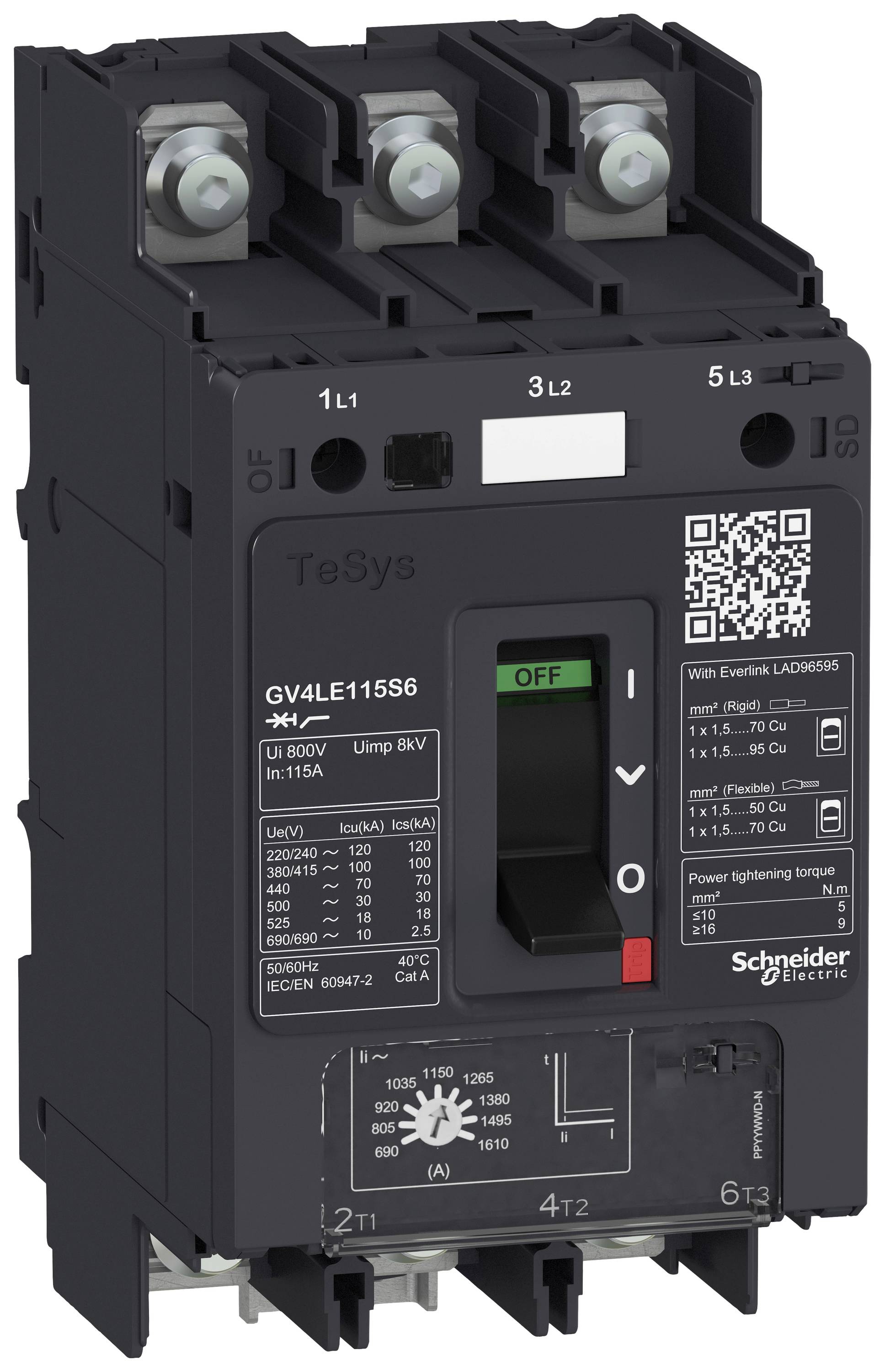 Ein schwarzer Leistungsschalter von Schneider Electric mit grüner 'OFF'-Markierung, zeigt elektrischen Spezifikationen und Bedienknopf.