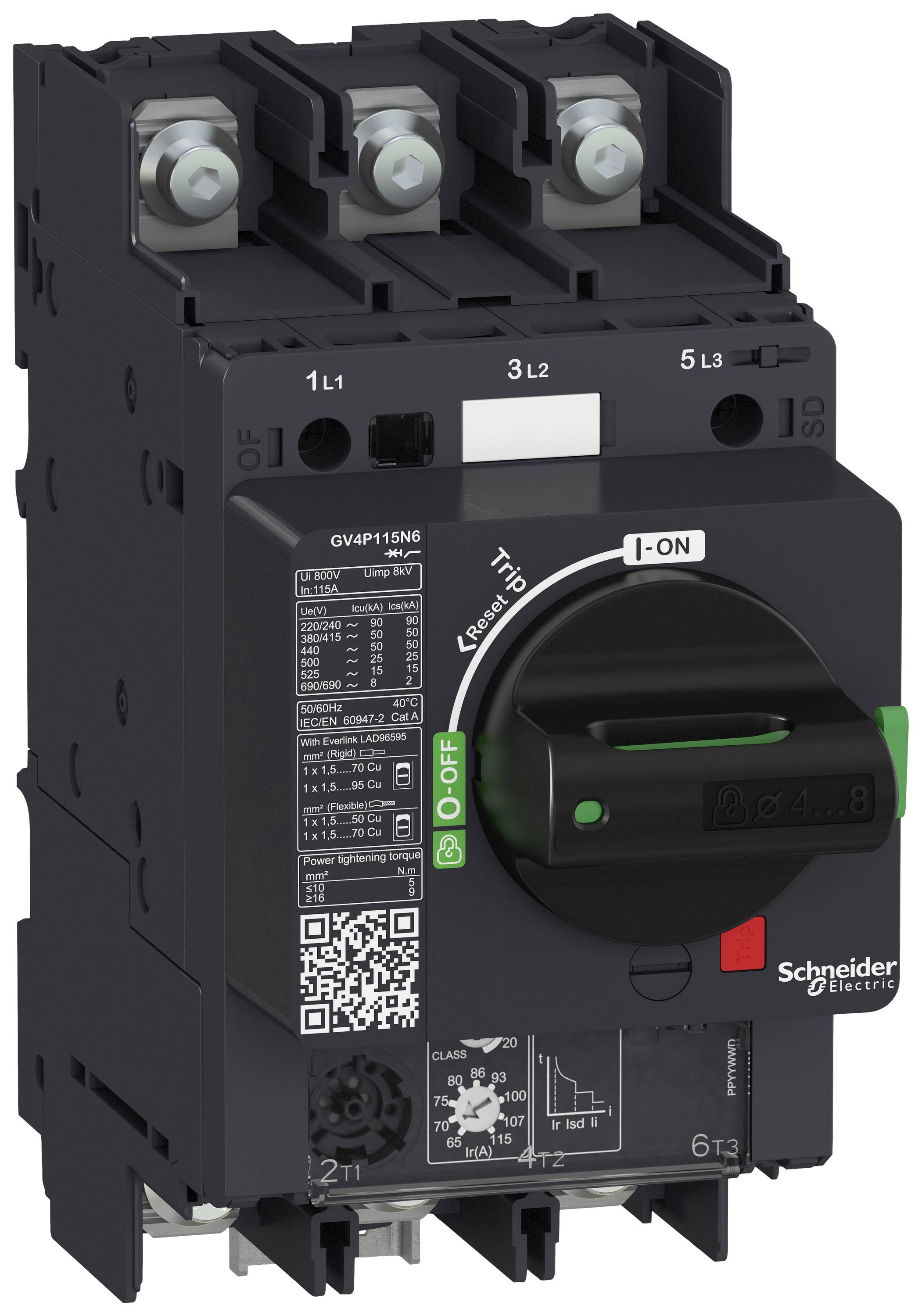 Schwarzer Leistungsschalter von Schneider Electric mit grünem Hebel für Ein/Aus. Beschriftungen und QR-Code zur Geräteinformation sichtbar.