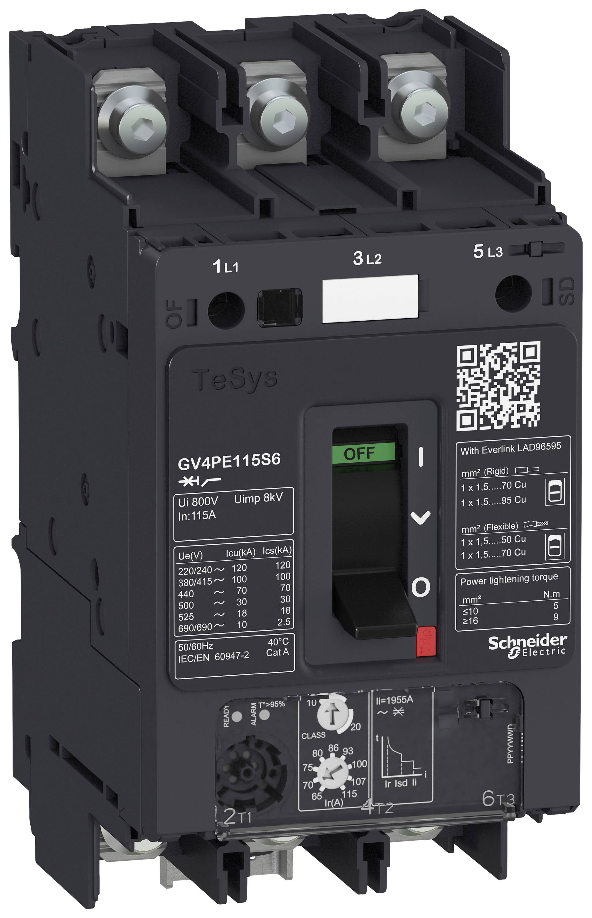Elektrischer Leistungsschalter mit schwarzem Gehäuse und grüner 'OFF'-Position. Markenlogo und Spezifikationen auf der Vorderseite.