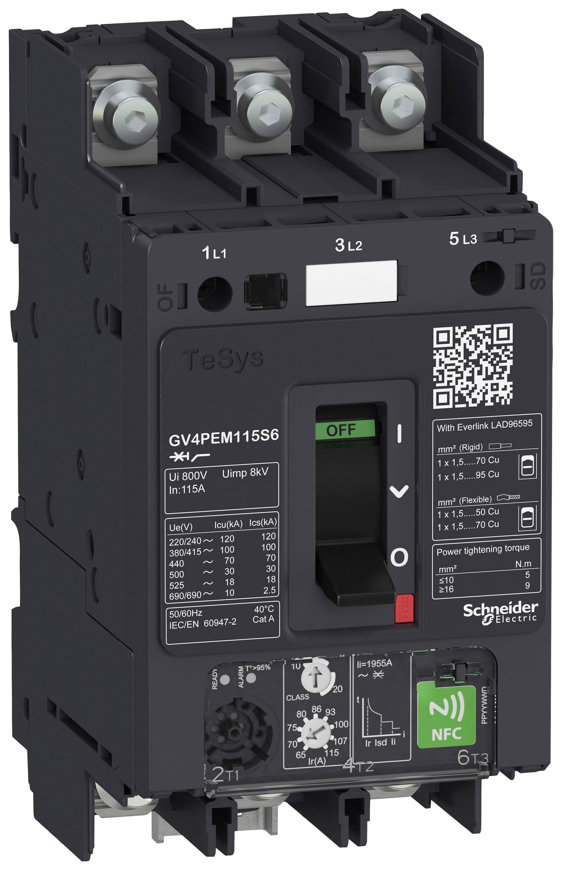 Industrieller Leistungsschalter mit grünem 'OFF'-Schalter, beschriftet mit technischen Daten und NFC-Logo unten rechts.