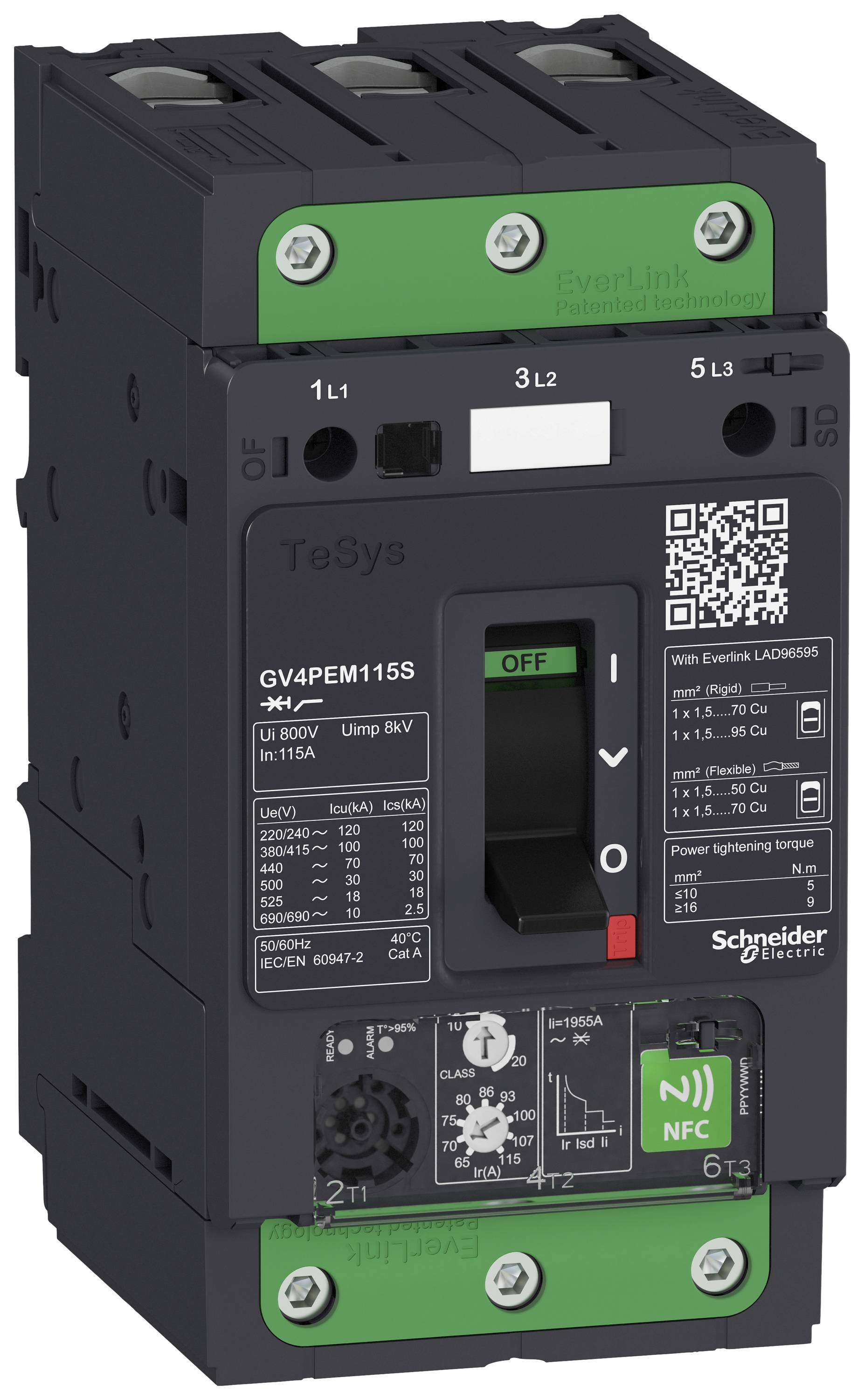 Schneider Electric Schutzschalter GV4PEM115S, Schwarz, grün und schwarz Knöpfe, Hauptschalter grün, NFC Funktionssymbol.