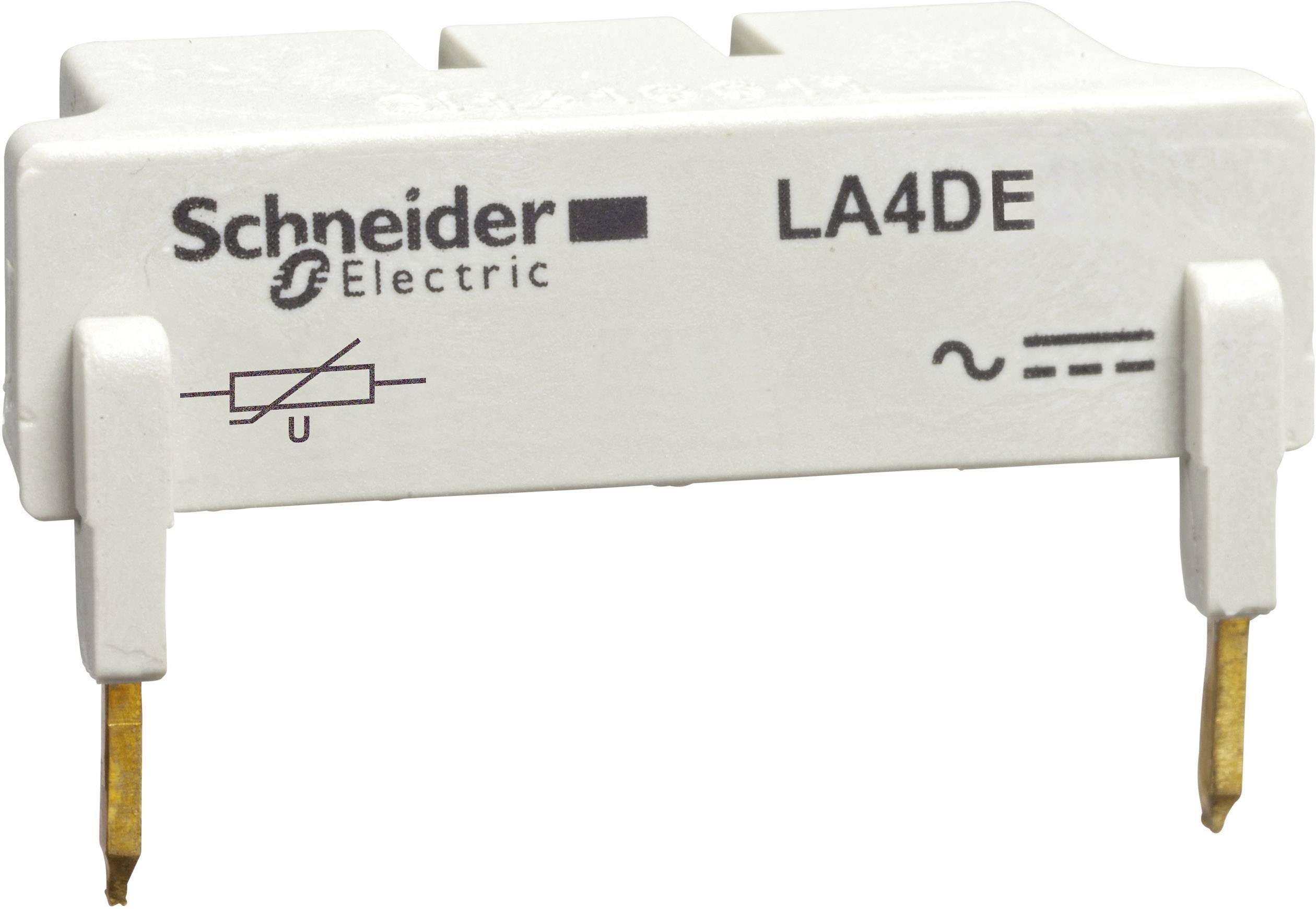 Ein weißes elektrisches Bauteil von Schneider Electric, Modell LA4DE, mit zwei Metallanschlüssen.