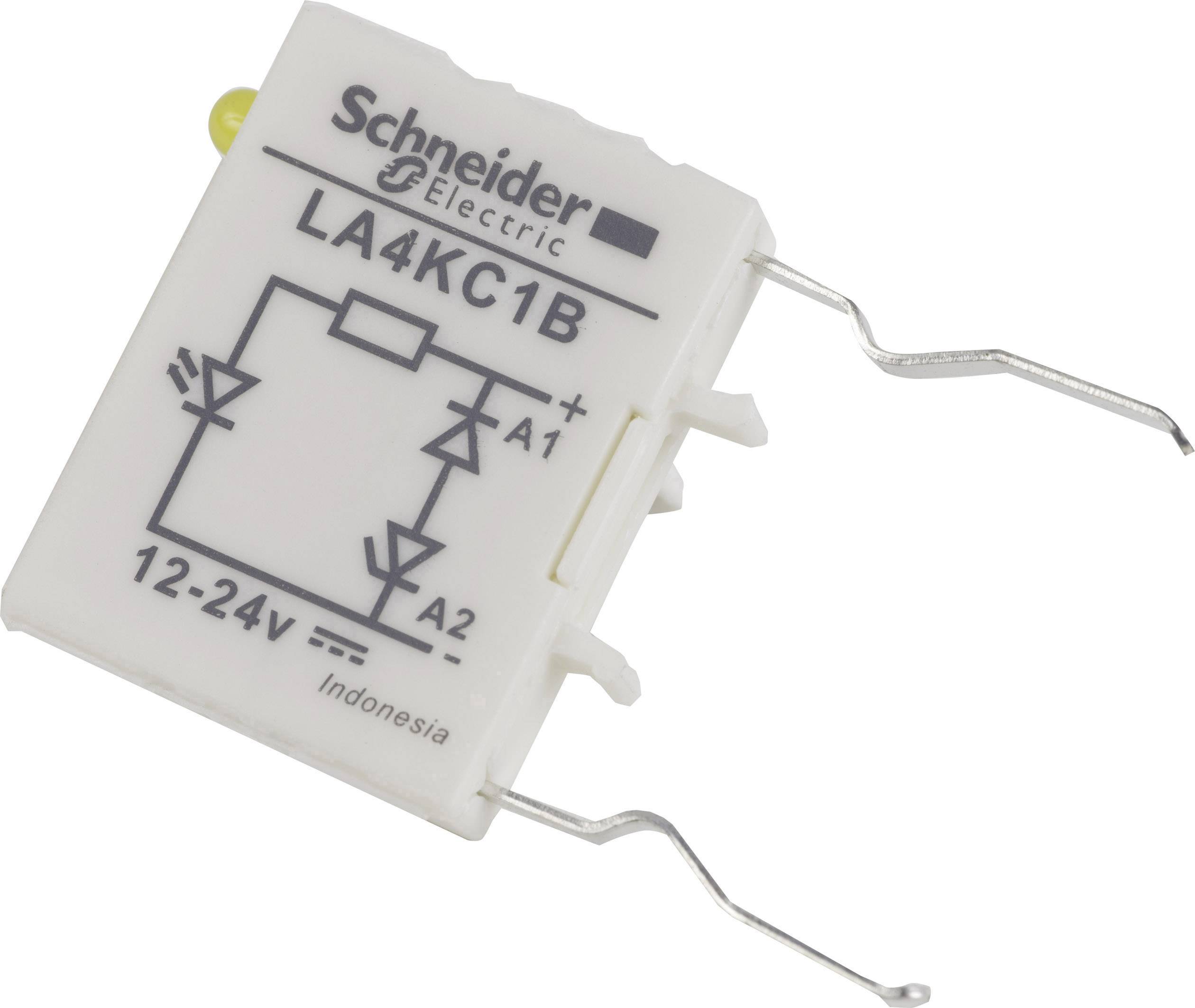 Elektrisches Bauteil von Schneider Electric, Modell LA4KC1B, Spannung 12-24V, mit zwei hervortretenden Anschlüssen.