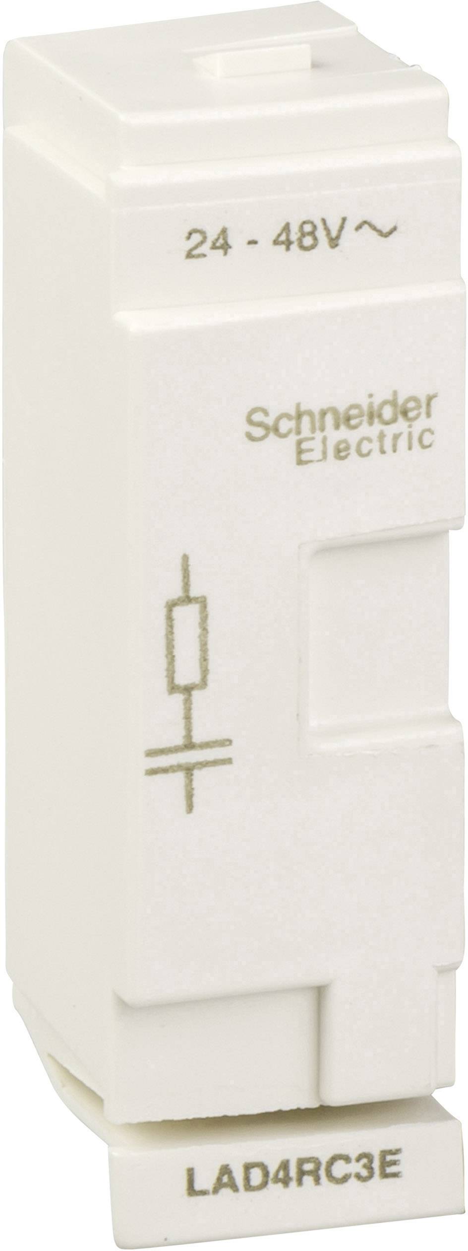 Ein Schneidermodul mit der Aufschrift '24-48V~', 'Schneider Electric' und 'LAD4RC3E'. Es ist weiß mit einem elektrischen Symbol.
