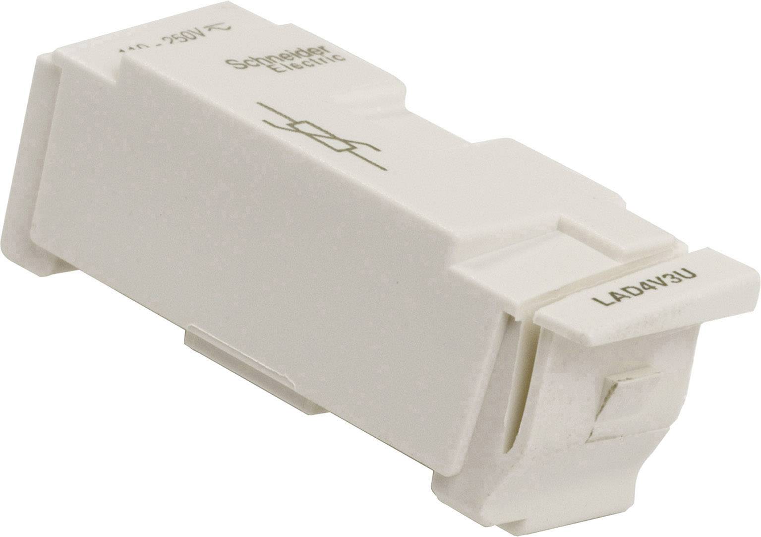 Ein weißer Kontaktblock mit der Aufschrift 'Schneider Electric', Modellnummer 'LAD4V3U', wird schräg dargestellt.