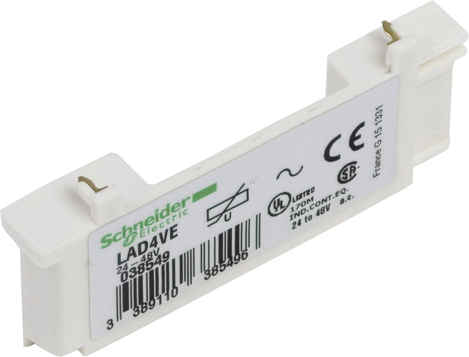 Ein weißer, rechteckiger Schaltgerätadapter der Marke Schneider Electric mit der Modellnummer LAD4VE. Enthält elektrische Spezifikationen und Zertifizierungszeichen auf der Oberseite.