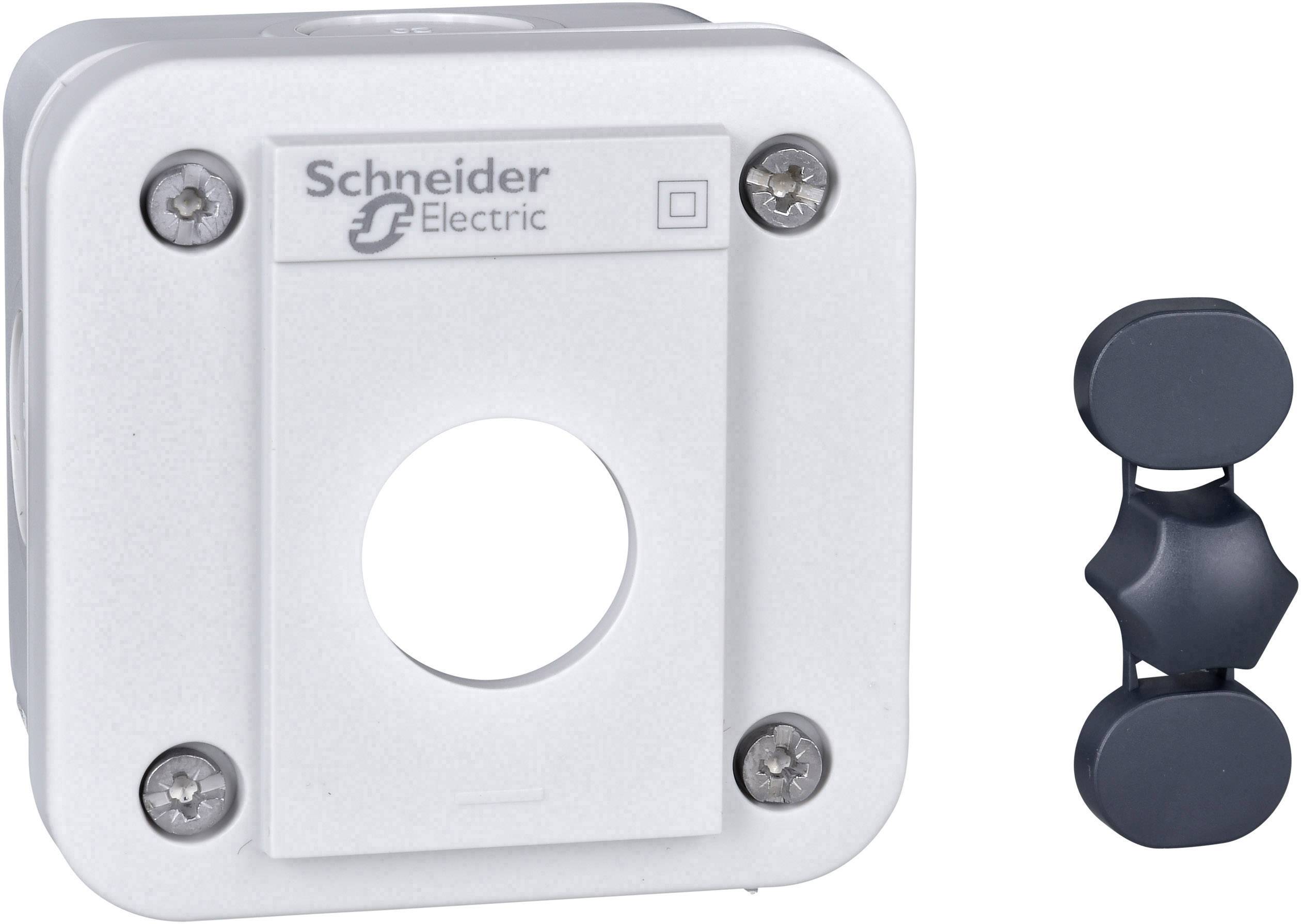 Weißes Gehäuse von Schneider Electric mit zentralem Loch, geeignet für Taster- oder Schaltermontage. Enthält auch ein schwarzes Zubehörteil.