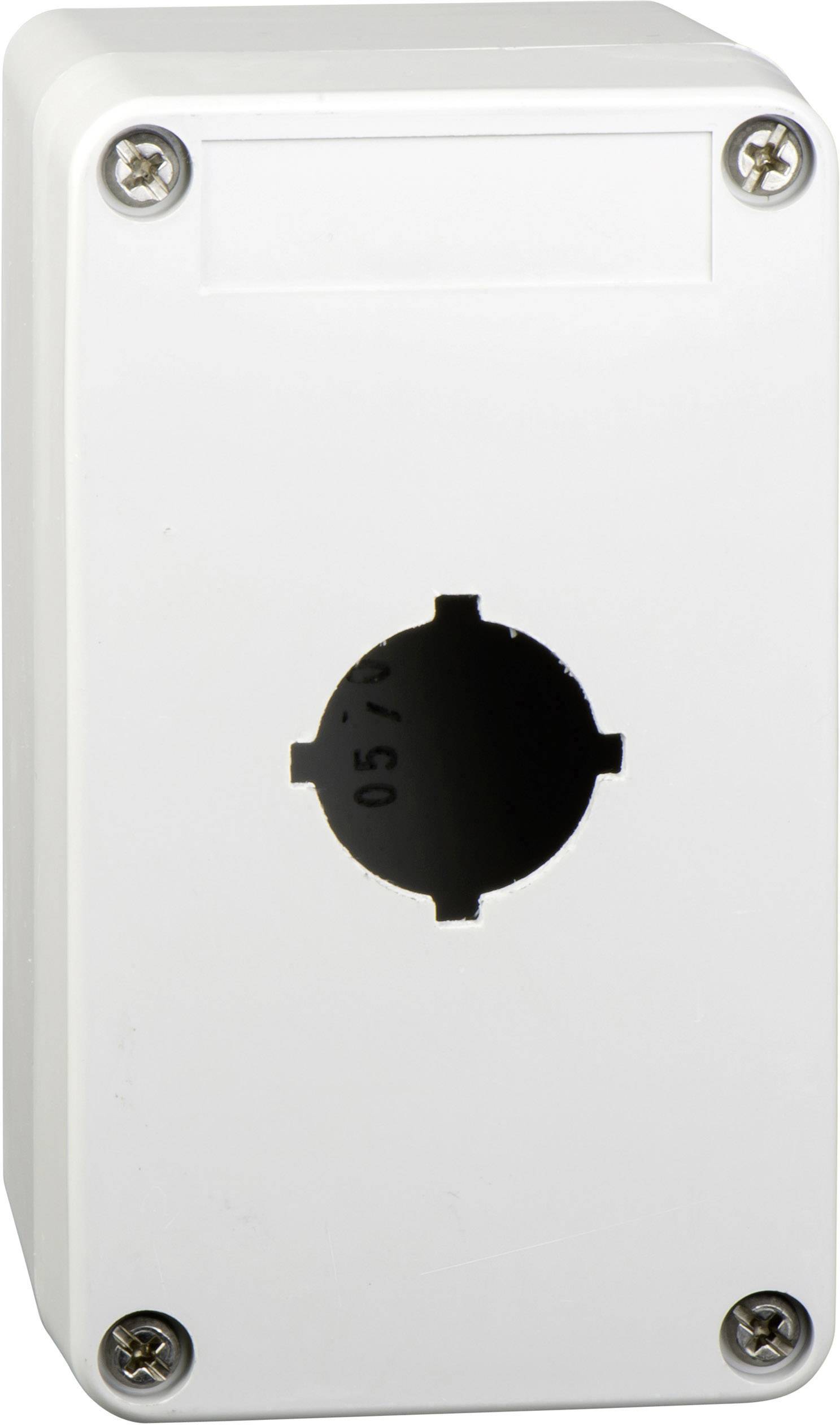 Weiße Kunststoff-Abdeckung mit kreisförmiger Aussparung und vier Schrauben an den Ecken.