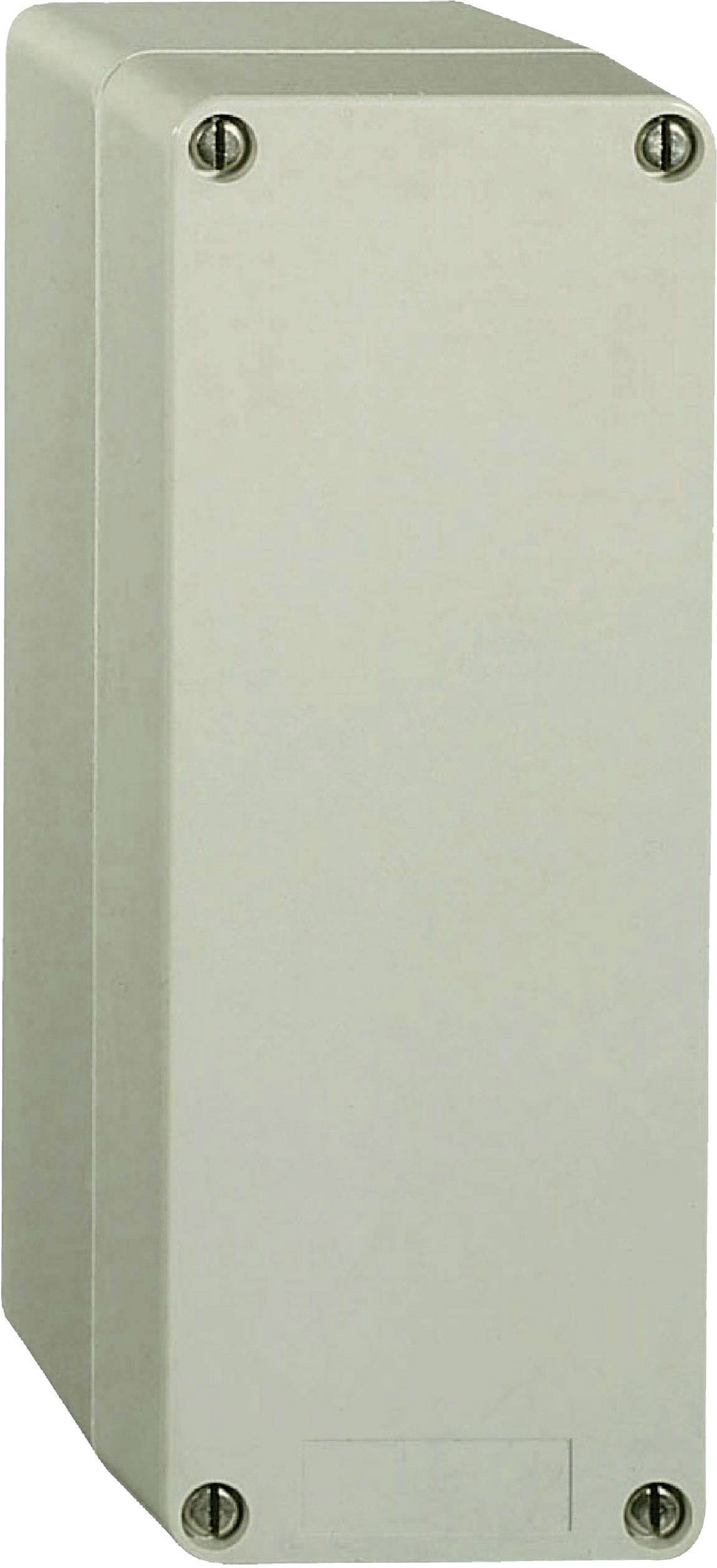 Graues, rechteckiges Metallgehäuse mit vier Schrauben an den Ecken.