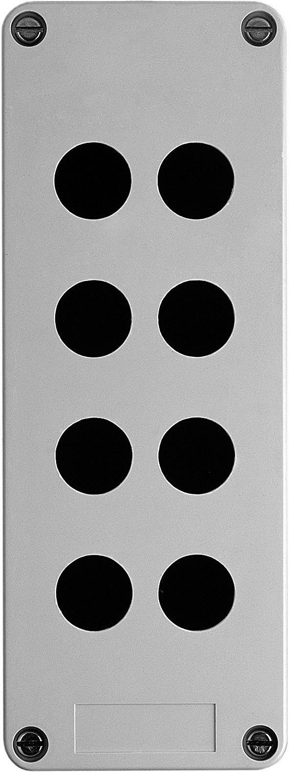 Rechteckige silberne Platte mit sechs schwarzen runden Löchern in zwei vertikalen Reihen angeordnet, gesichert mit Schrauben.