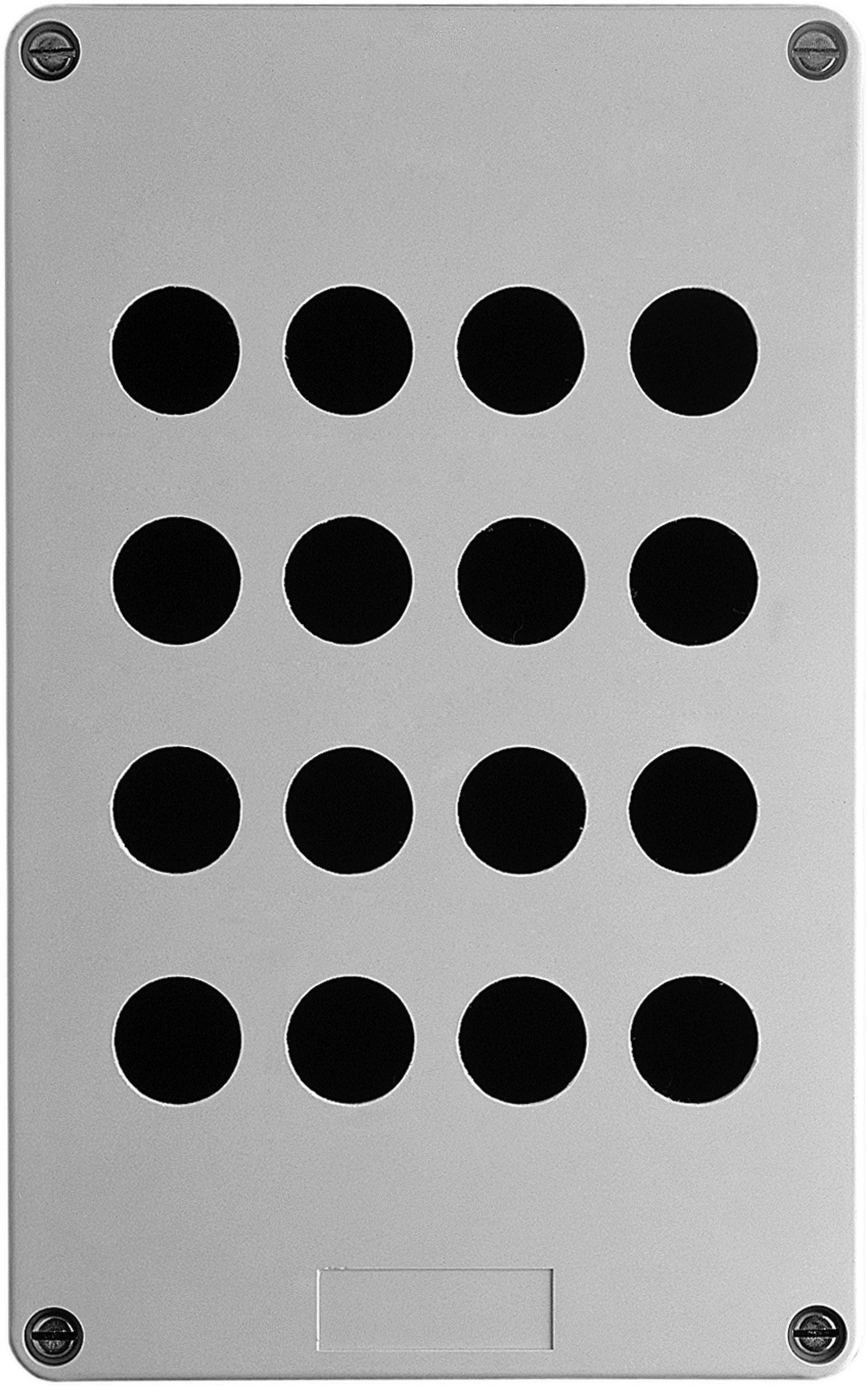 Eine silberne Platte mit 15 runden, schwarzen Löchern in einem 3x5-Muster, vermutlich eine Lautsprecher- oder Belüftungsabdeckung.