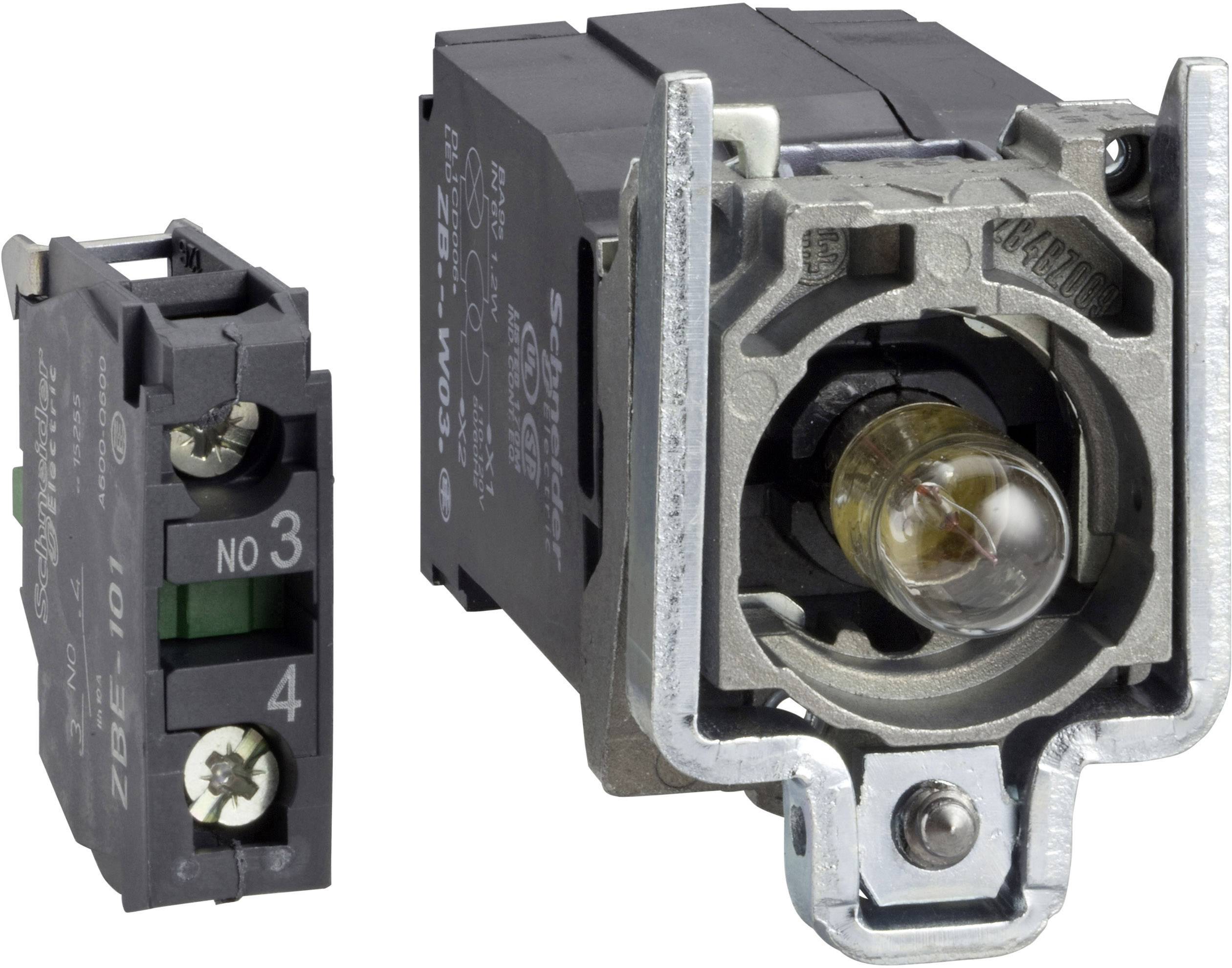 Ein elektrischer Schalter mit einem klaren Gehäuse und einem Glühbirnenelement auf der rechten Seite, linkes Modul mit Kontakten.