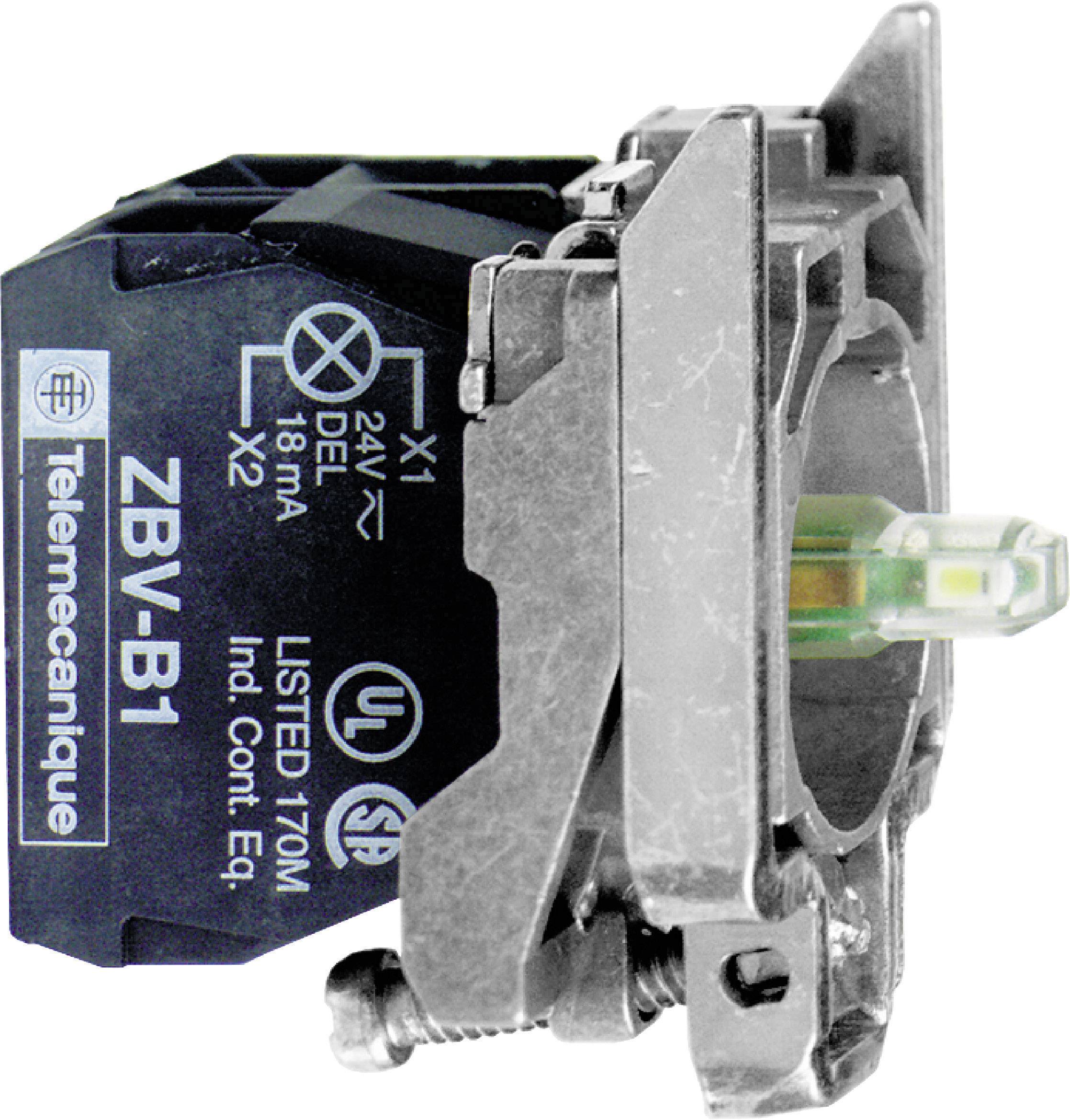 Ein elektrisches Bauteil mit der Aufschrift 'Telemecanique ZBV-B1', mit Metall- und Kunststoffteilen, geeignet für 24V, 18mA.