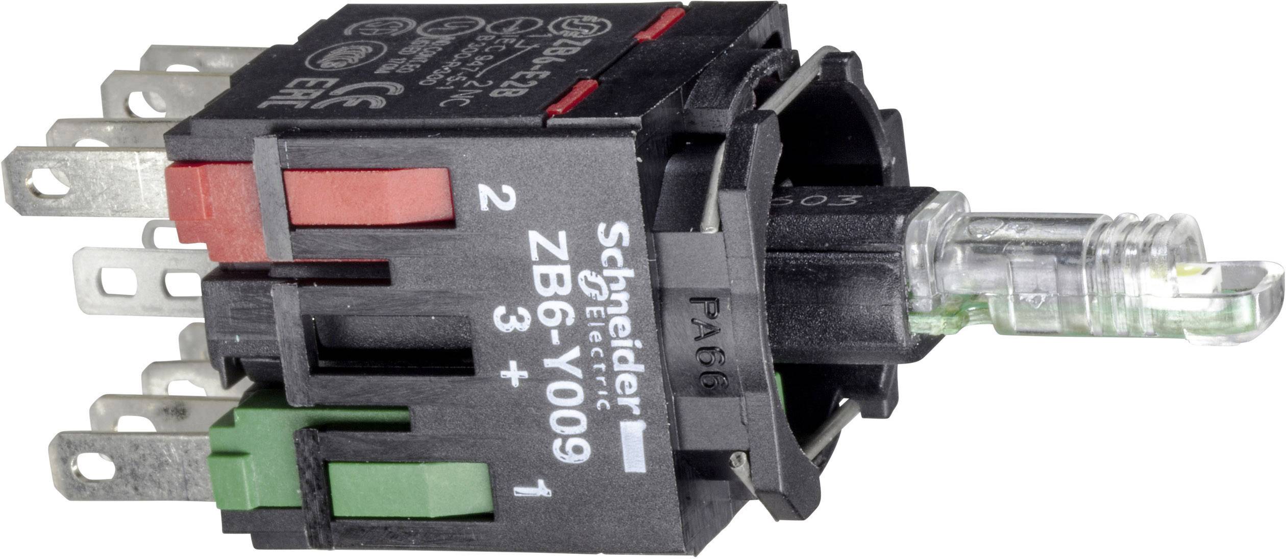 Ein elektrischer Taster mit mehreren Anschlussstiften und einer durchsichtigen Abdeckung. Herstellername und Modellnummer sind sichtbar.