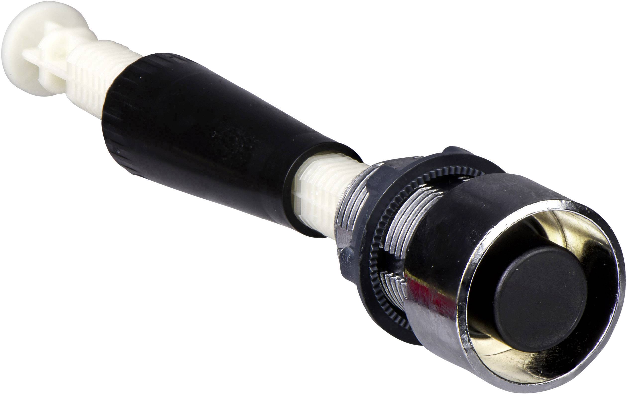 Nahaufnahme eines schwarzen Drucktasters mit Gewinde und Befestigungselement. Wird häufig für elektrische Schaltungen verwendet.