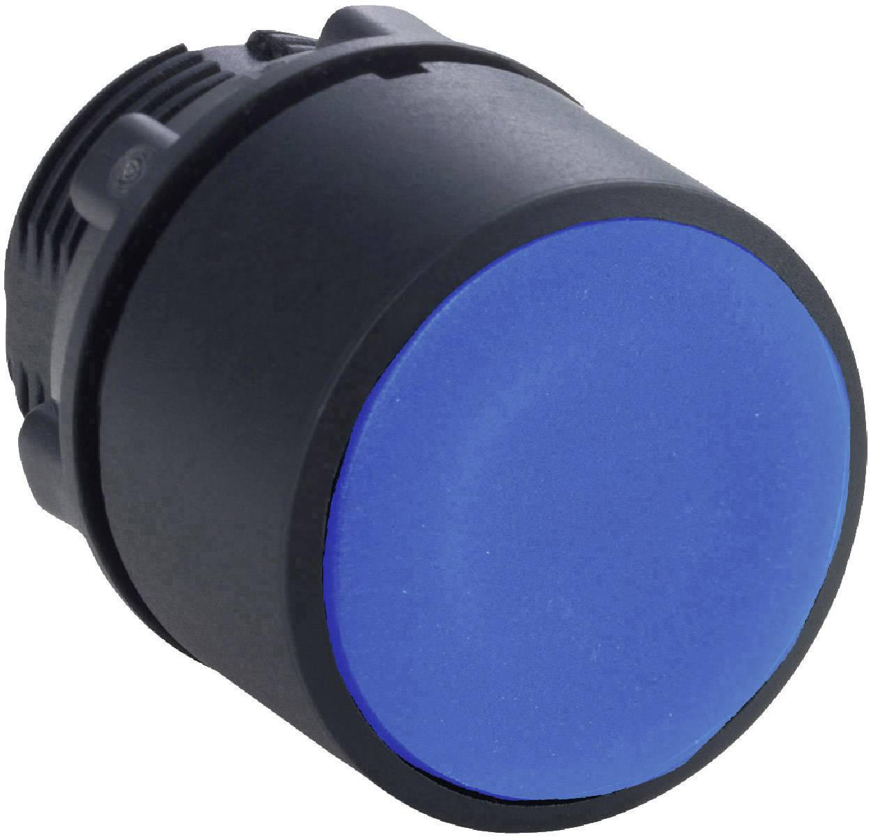 Ein großer, runder, blauer Knopf auf schwarzem Gehäuse, geeignet für industrielle Anwendungen oder Gerätebedienung.