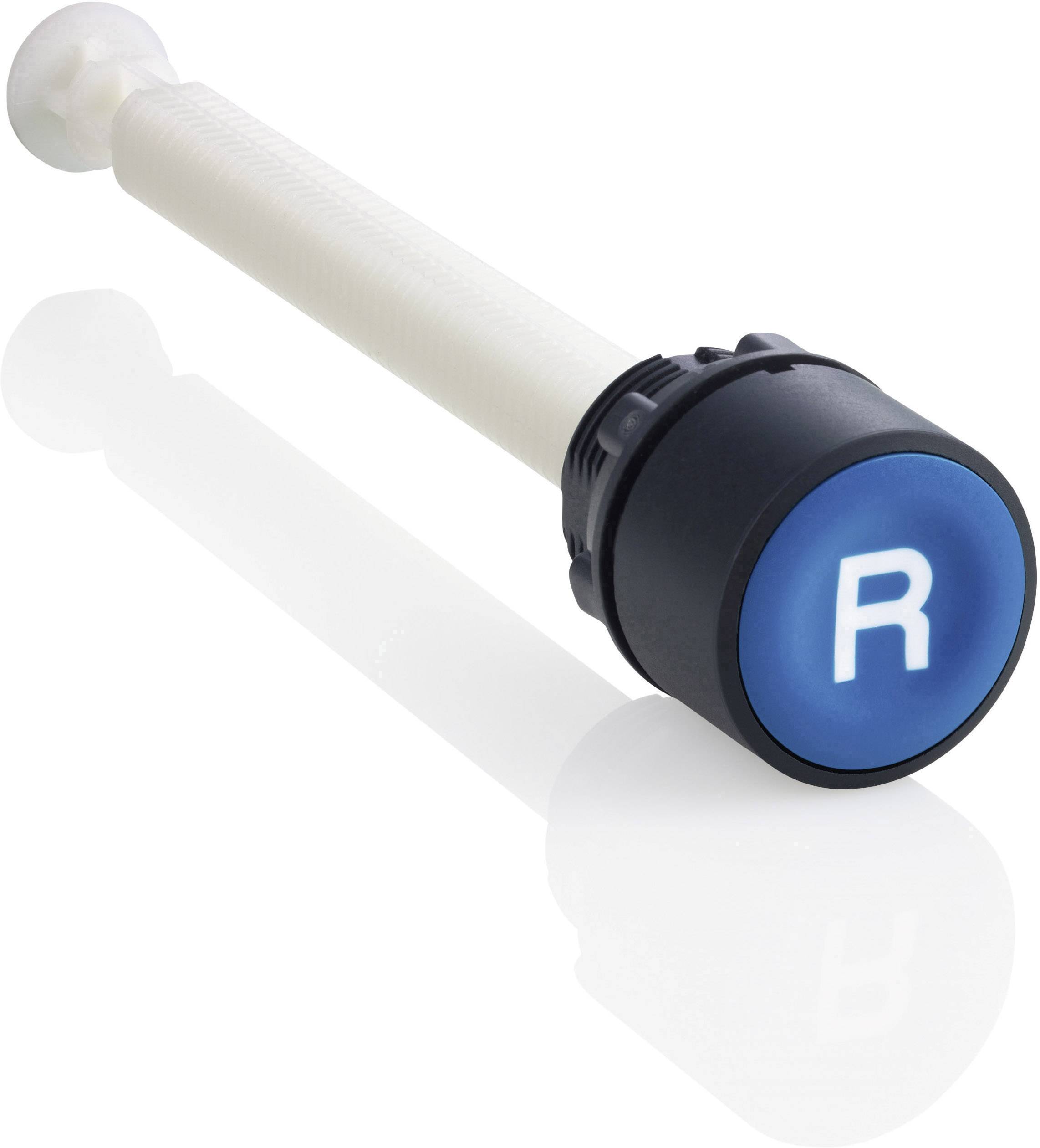 Ein länglicher, weißer Griff mit blauem, rundem Druckknopf mit weißem 'R'. Der Knopf scheint ein Teil eines Bedien- oder Steuerungssystems zu sein.