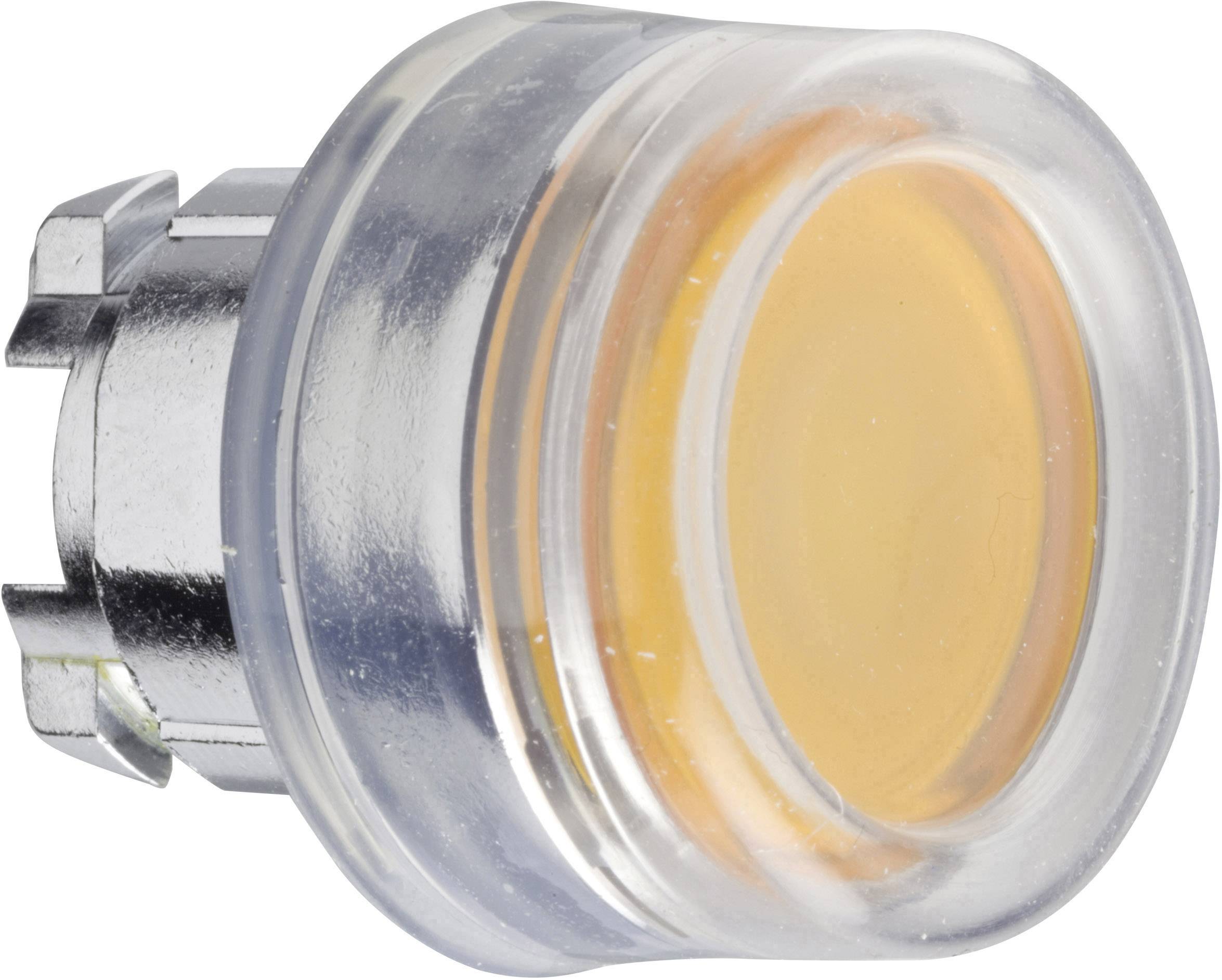 Transparenter Kunststoffknopf mit orangefarbener Mitte und einem silbernen Metallrand; wirkt wie ein isolierter Schalterknopf.