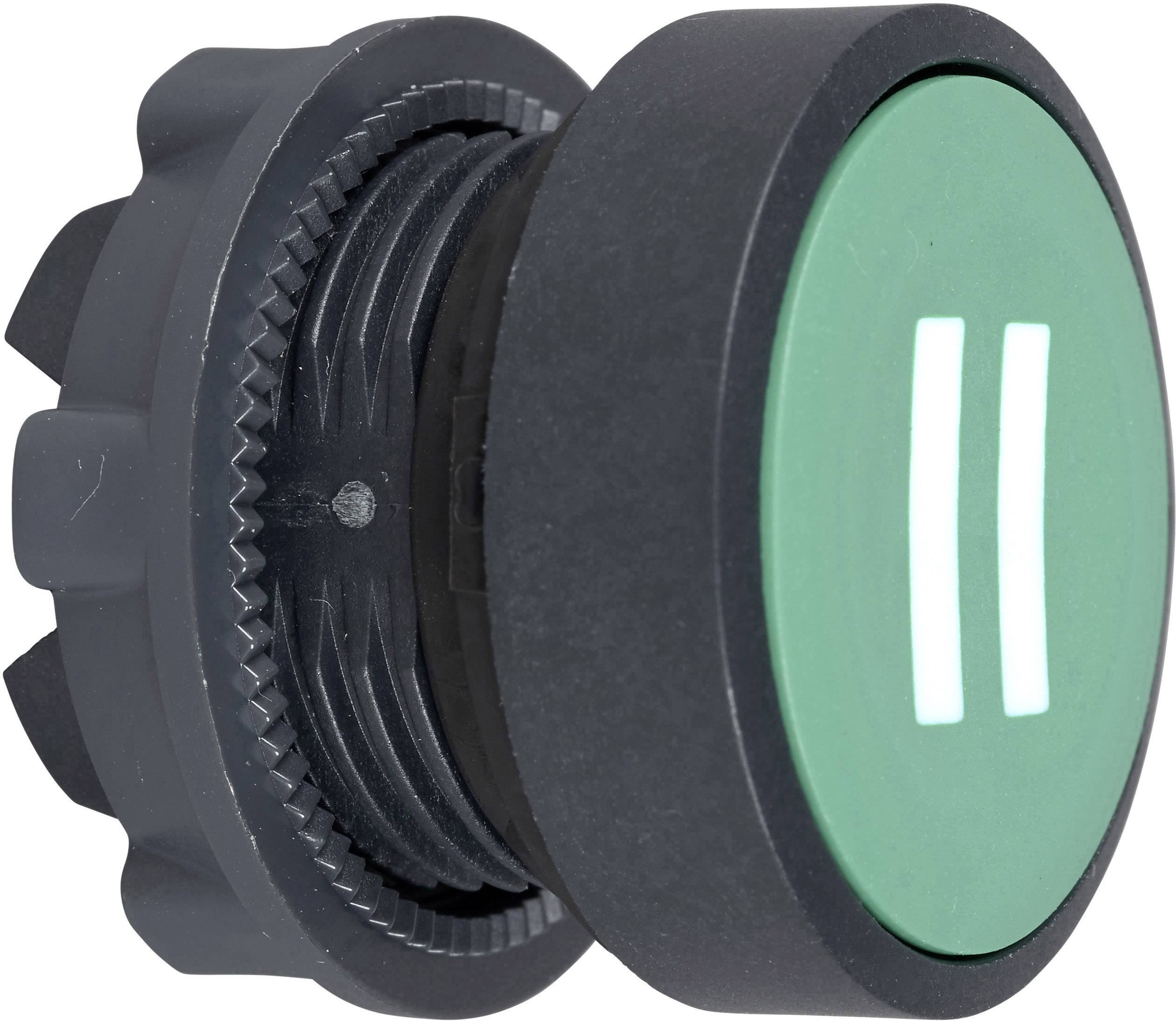 Ein grüner Knopf mit einem Symbol für Pause. Der Knopf ist rund und in einem schwarzen Gehäuse eingebettet.