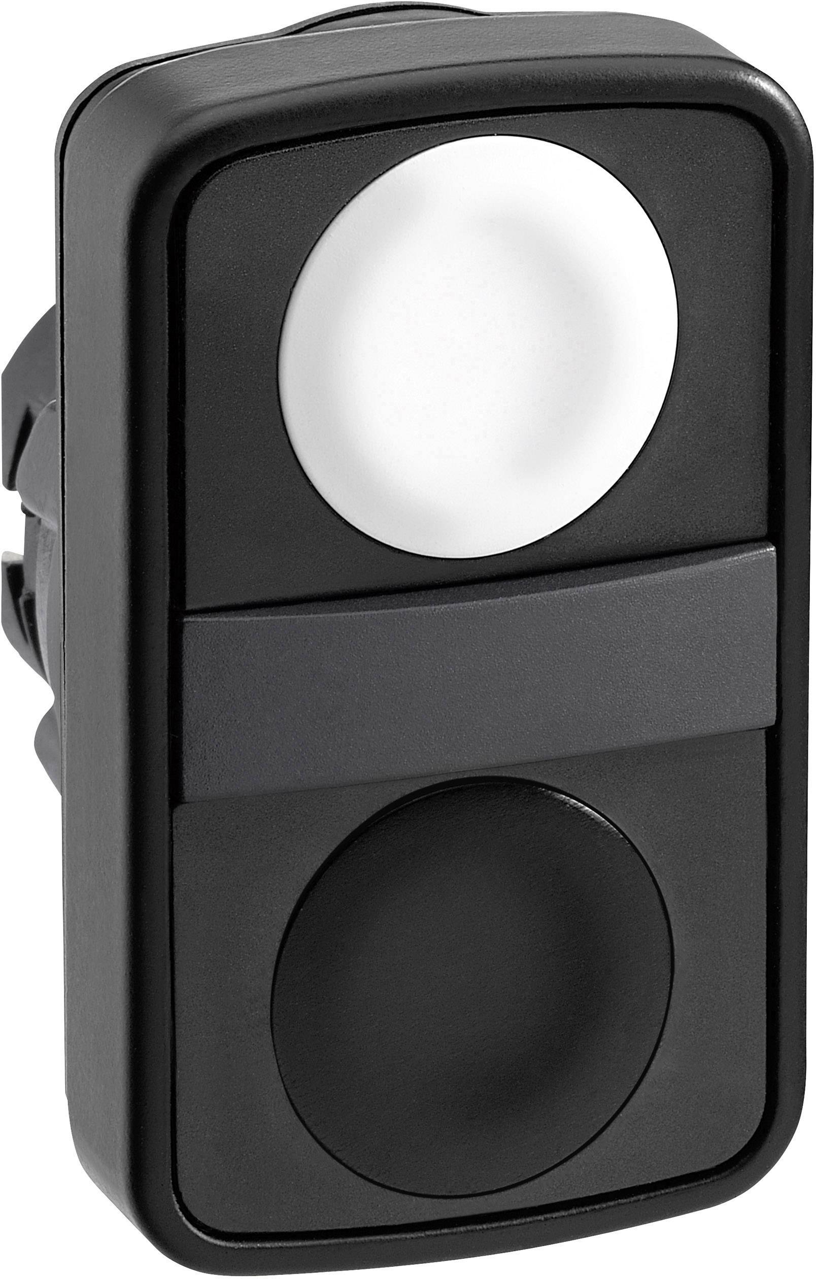 Ein rechteckiger schwarzer Lichtschalter mit zwei runden Tasten: oben weiß, unten schwarz.