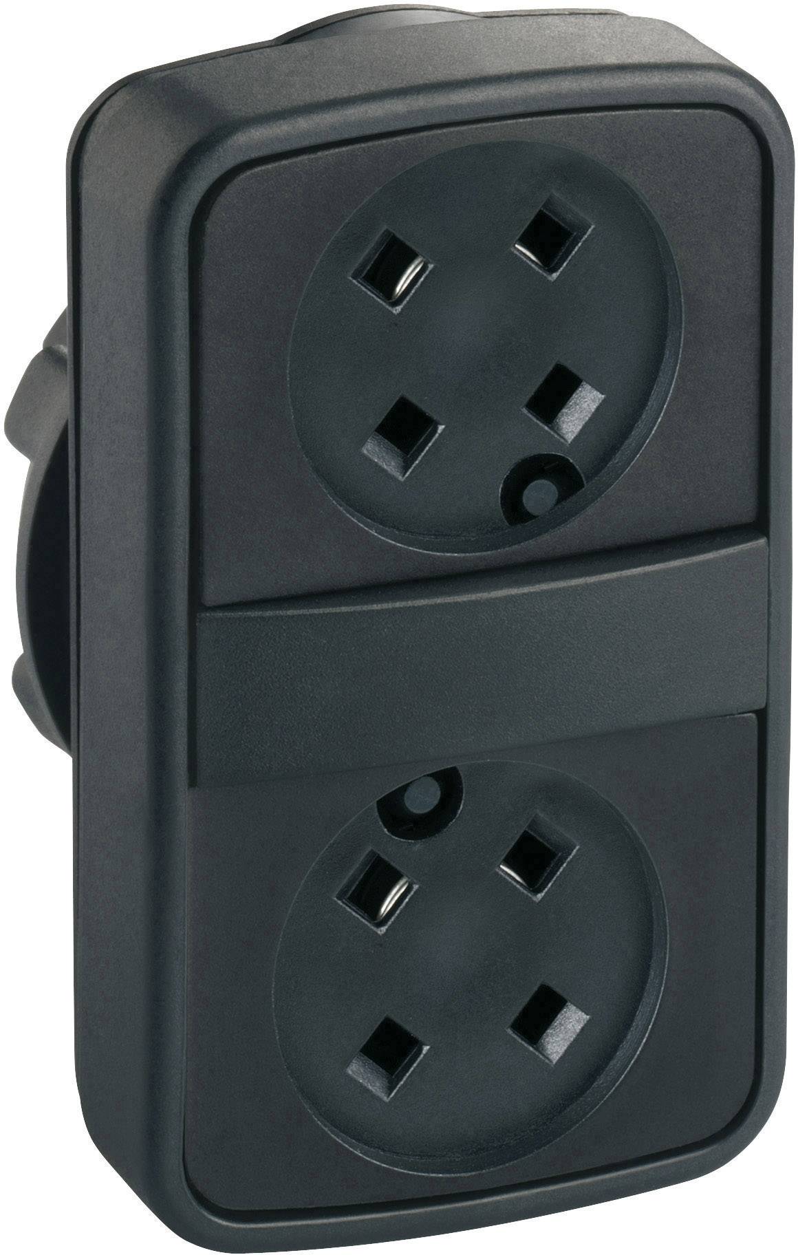 Schwarze Doppelsteckdose mit zwei runden Buchsen, übereinander angeordnet.