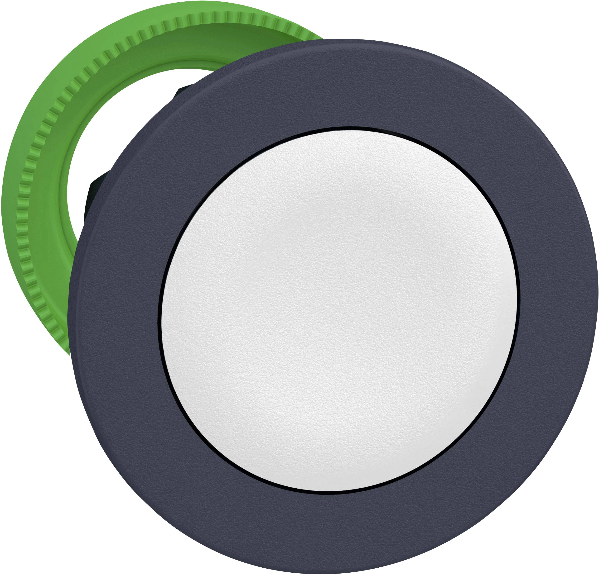 Ein grauer, runder Knopf mit einem grünen Sockel. Der Knopf scheint für den manuellen Betrieb eines Geräts oder einer Maschine gedacht zu sein.