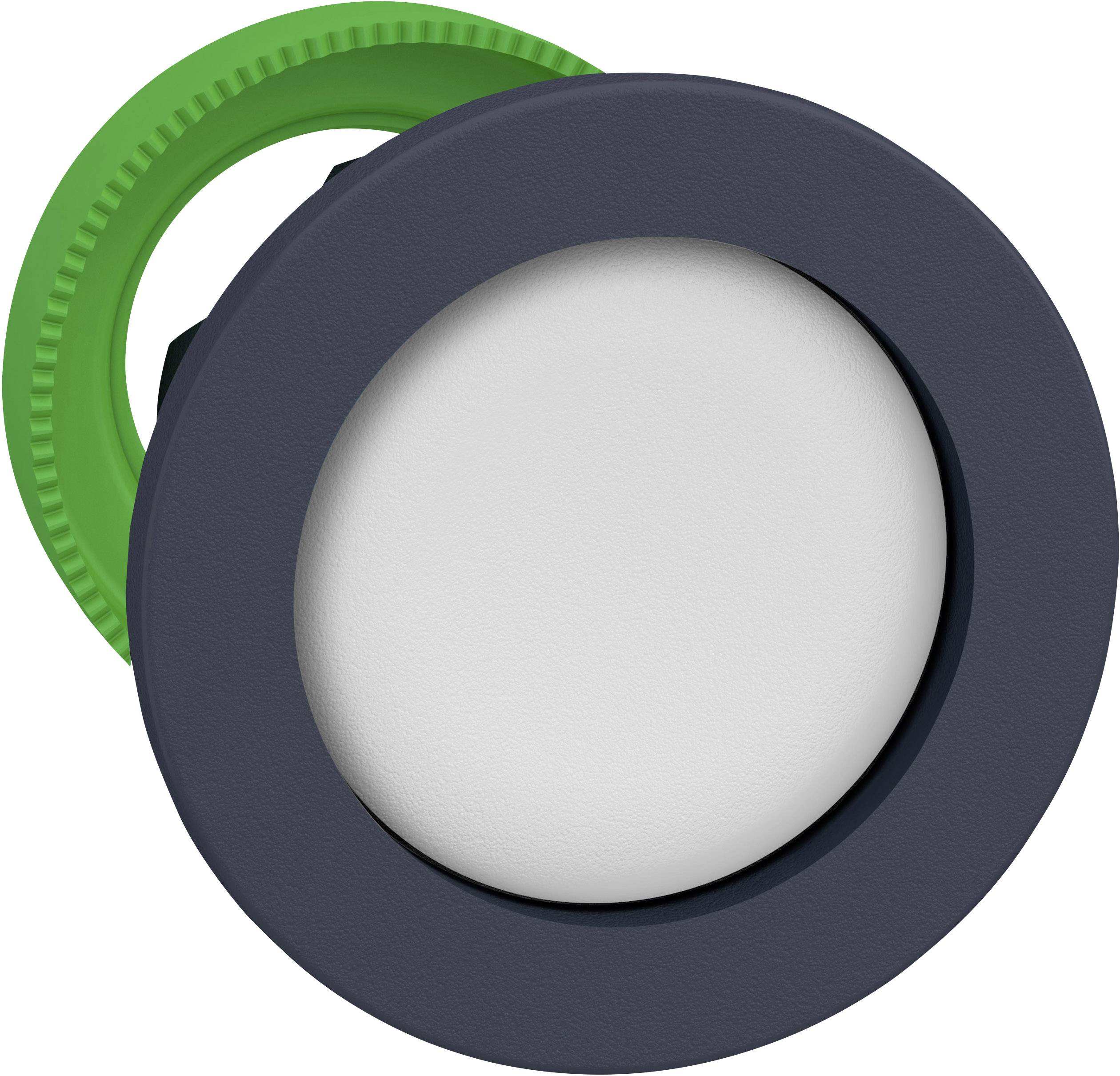 Ein runder, grauer Knopf mit einer grünen, gezahnten Schraubfassung dahinter. Verwendet für elektrische oder mechanische Schaltgeräte.