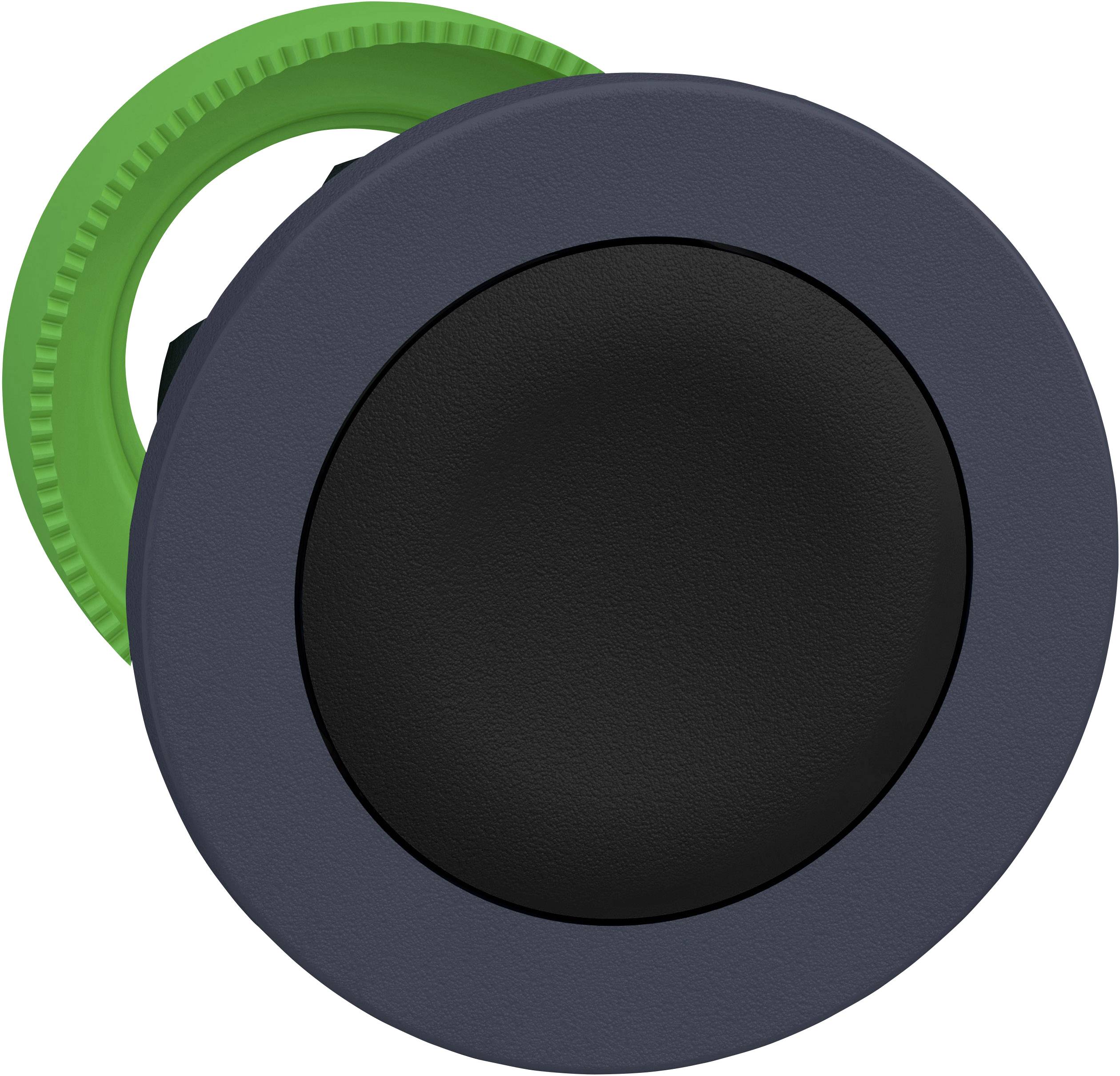 Runder grüner Druckknopf mit schwarzer Oberfläche, montiert auf grauer Halterung.