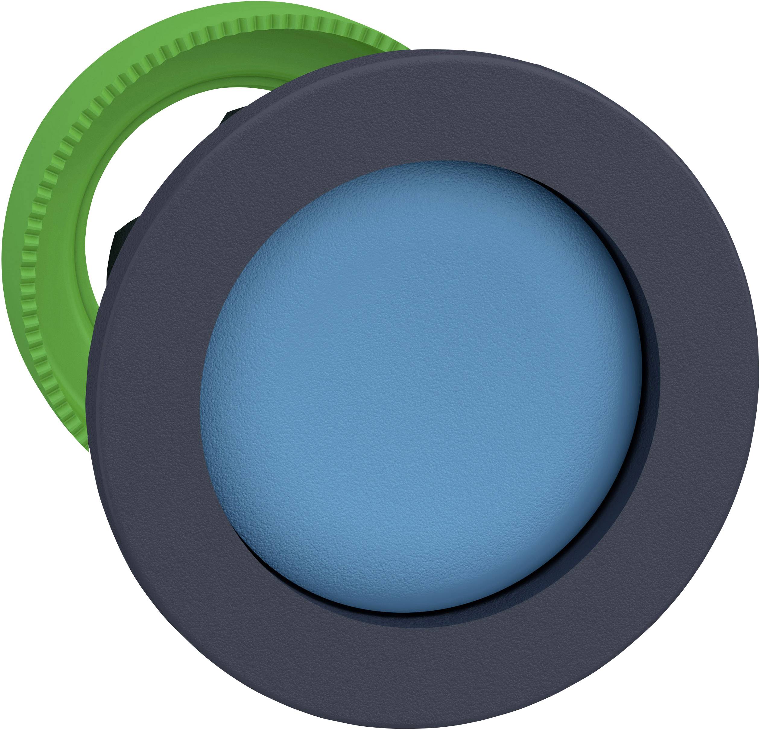 Blauer runder Knopf mit grünem Ring.