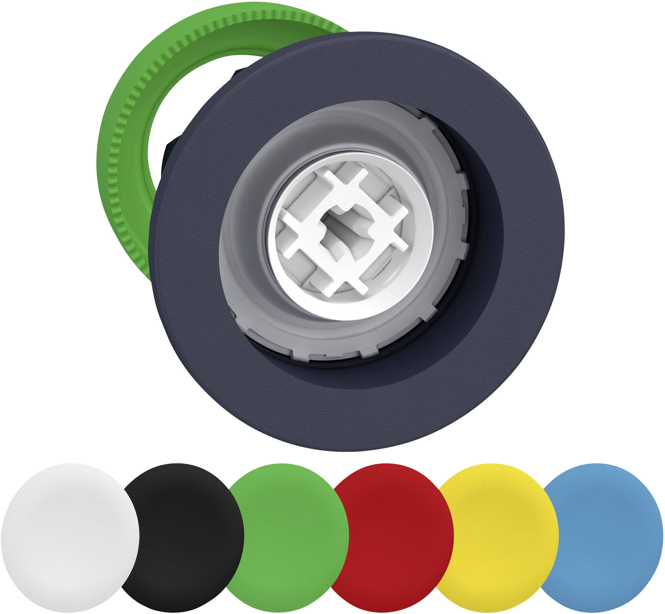 Ein runder, mehrfarbiger Schalter mit einer grünen Abdeckung. Darunter liegen sechs bunte Abdeckungen in Weiß, Schwarz, Grün, Rot, Gelb und Blau.