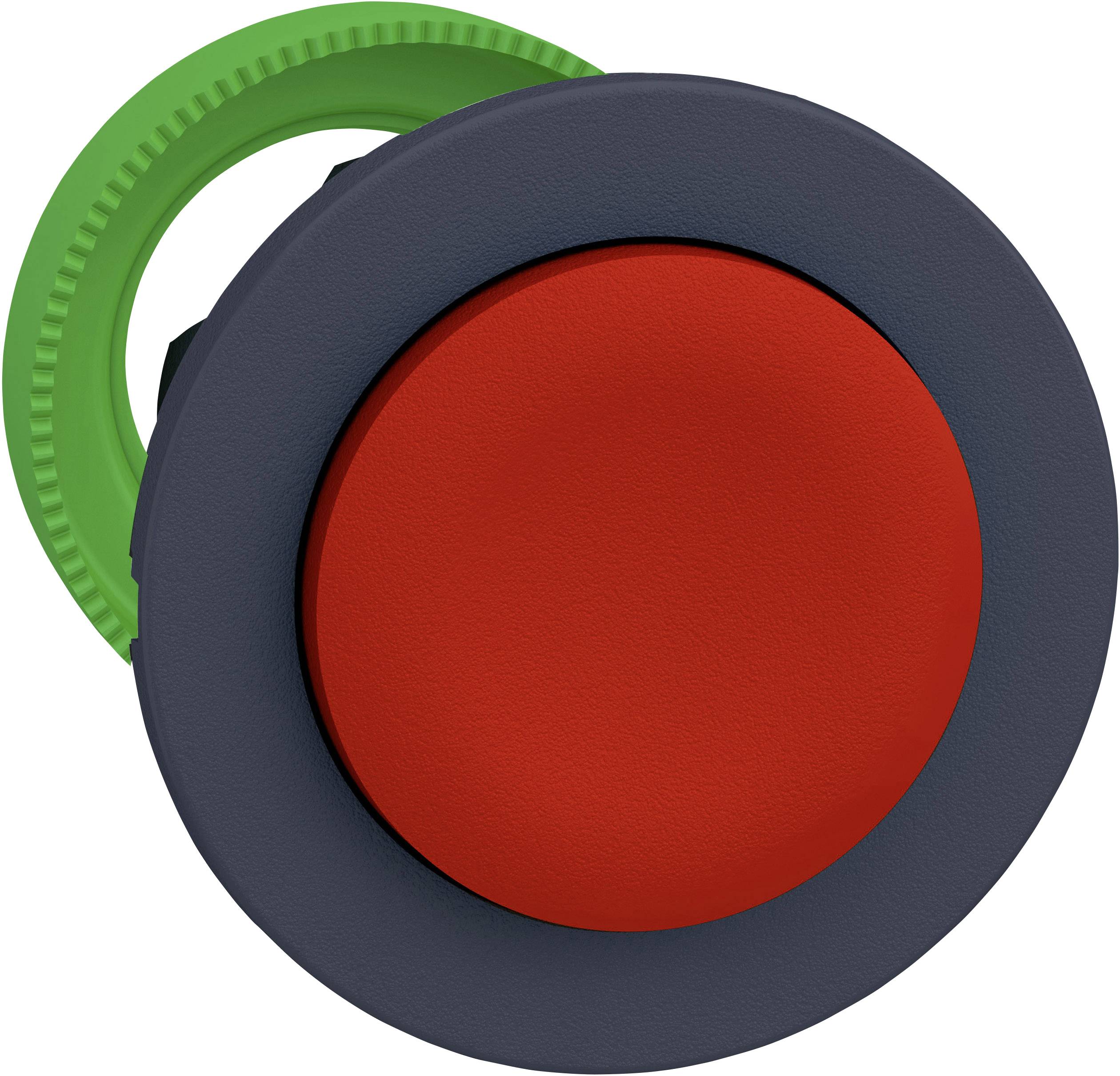 Ein großer roter runder Knopf mit einer grünen Halterung dahinter, geeignet für industrielle Anwendungen.