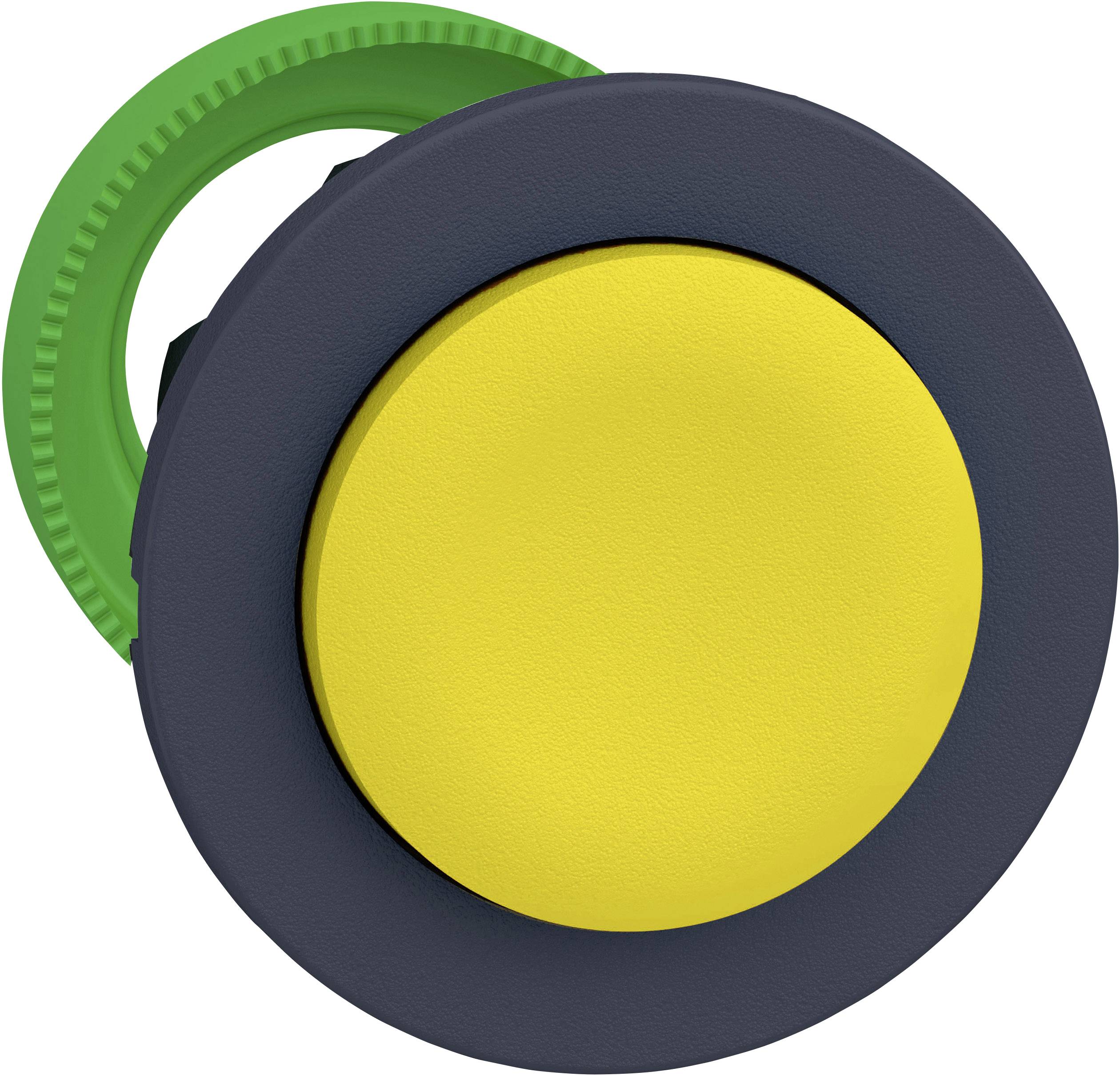 Gelber Druckknopf mit schwarzem Rahmen und grünem Befestigungsring, häufig für Maschinensteuerung oder Notabschaltung verwendet.