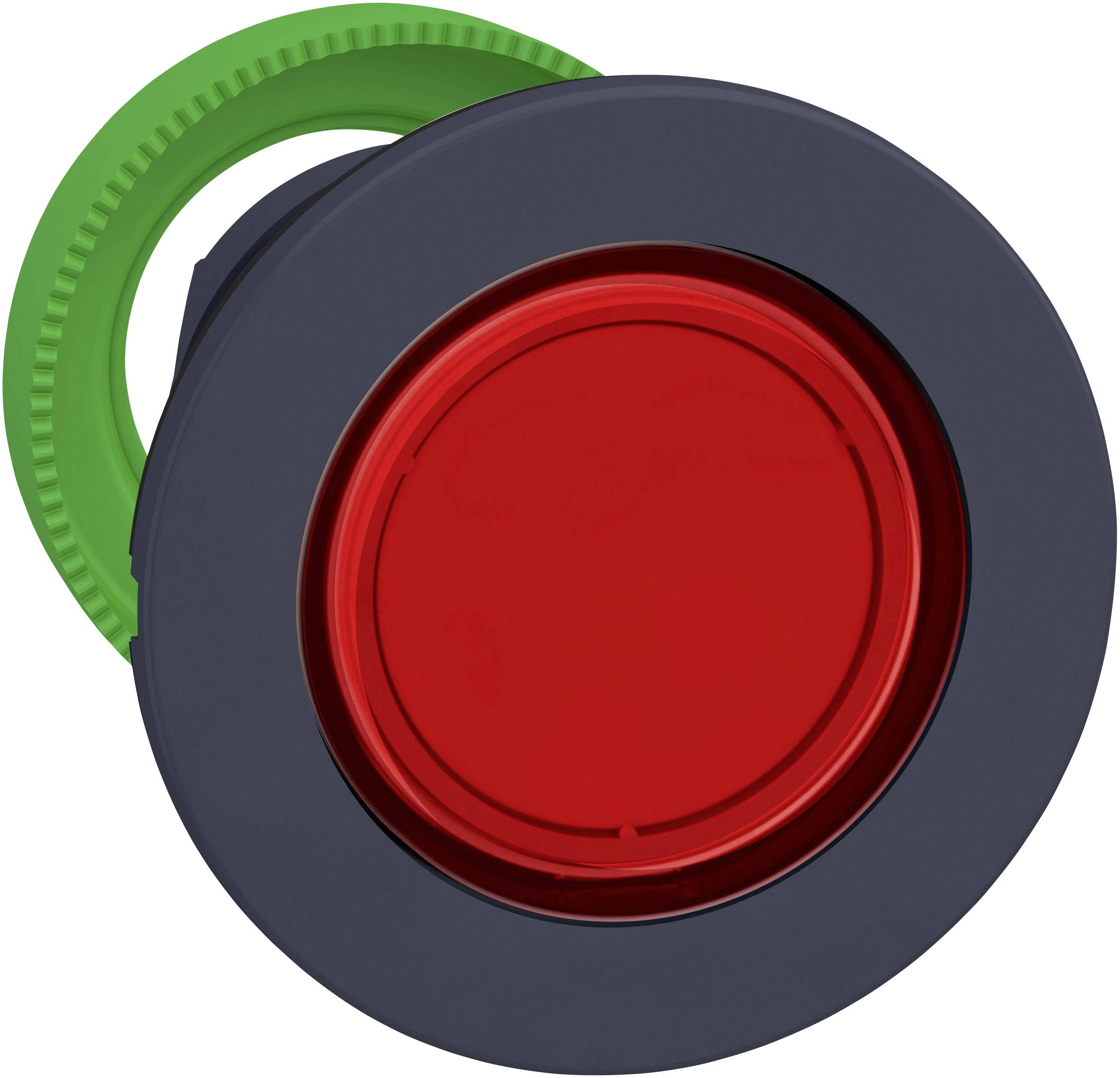 Roter Knopf mit grünem Ring auf schwarzem Hintergrund, symbolisiert typischerweise Stopp oder Warnung.