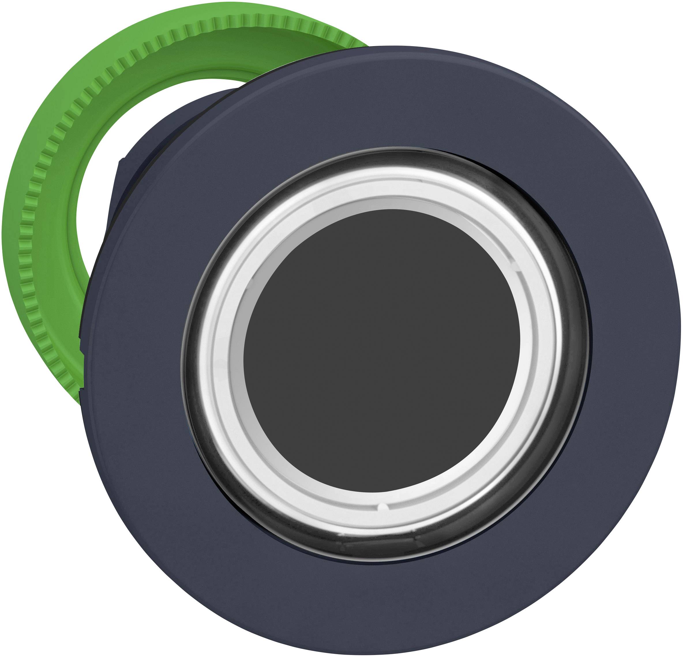 Runder schwarzer Knopf mit grünem Ring auf der Rückseite, möglicherweise ein Schaltknopf oder ein Steuerungsbauteil.