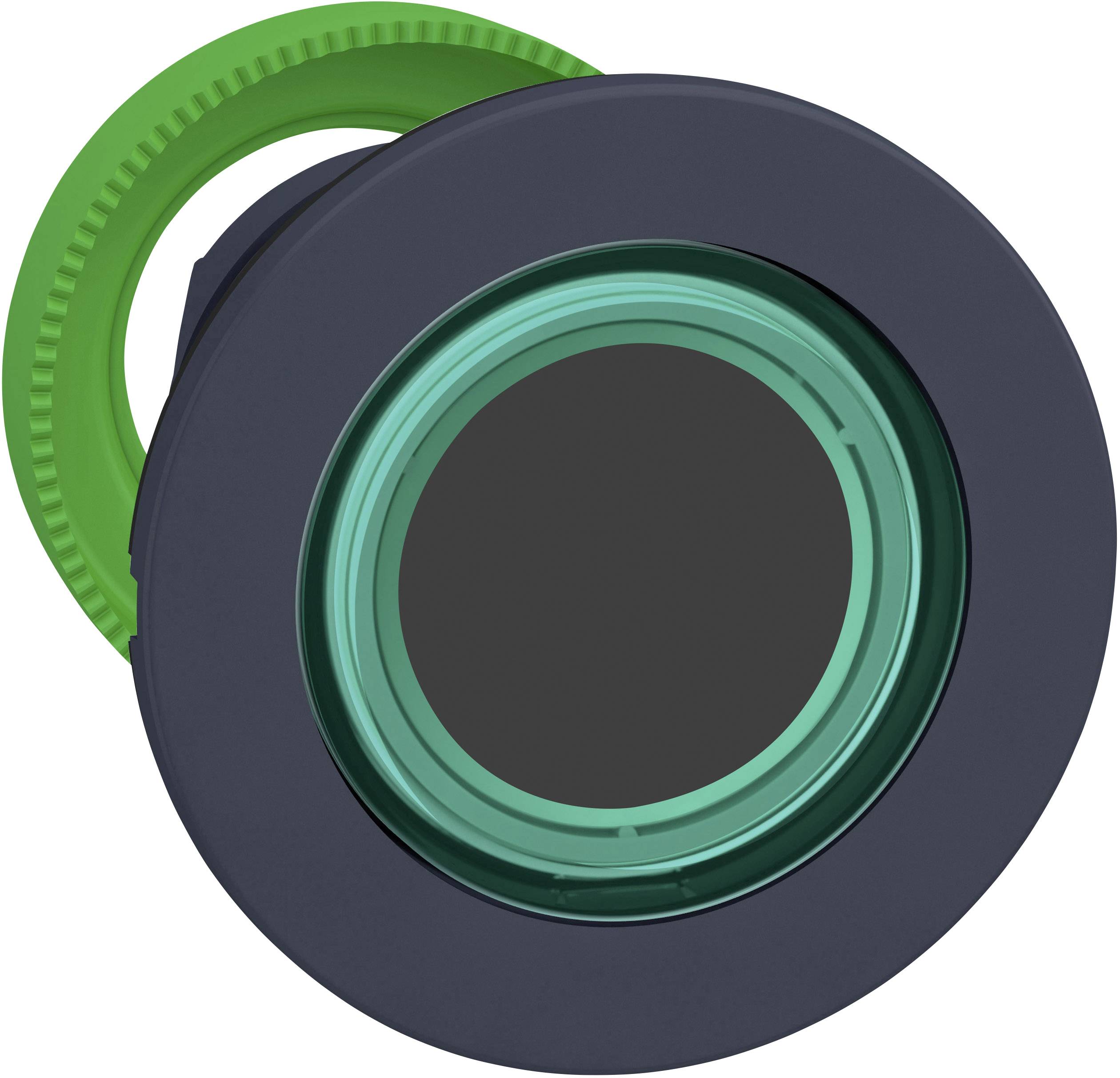 Runder grüner Knopf mit dunklem Mittelteil und grünem Außengehäuse, verwendet für industrielle Steuerungselemente.