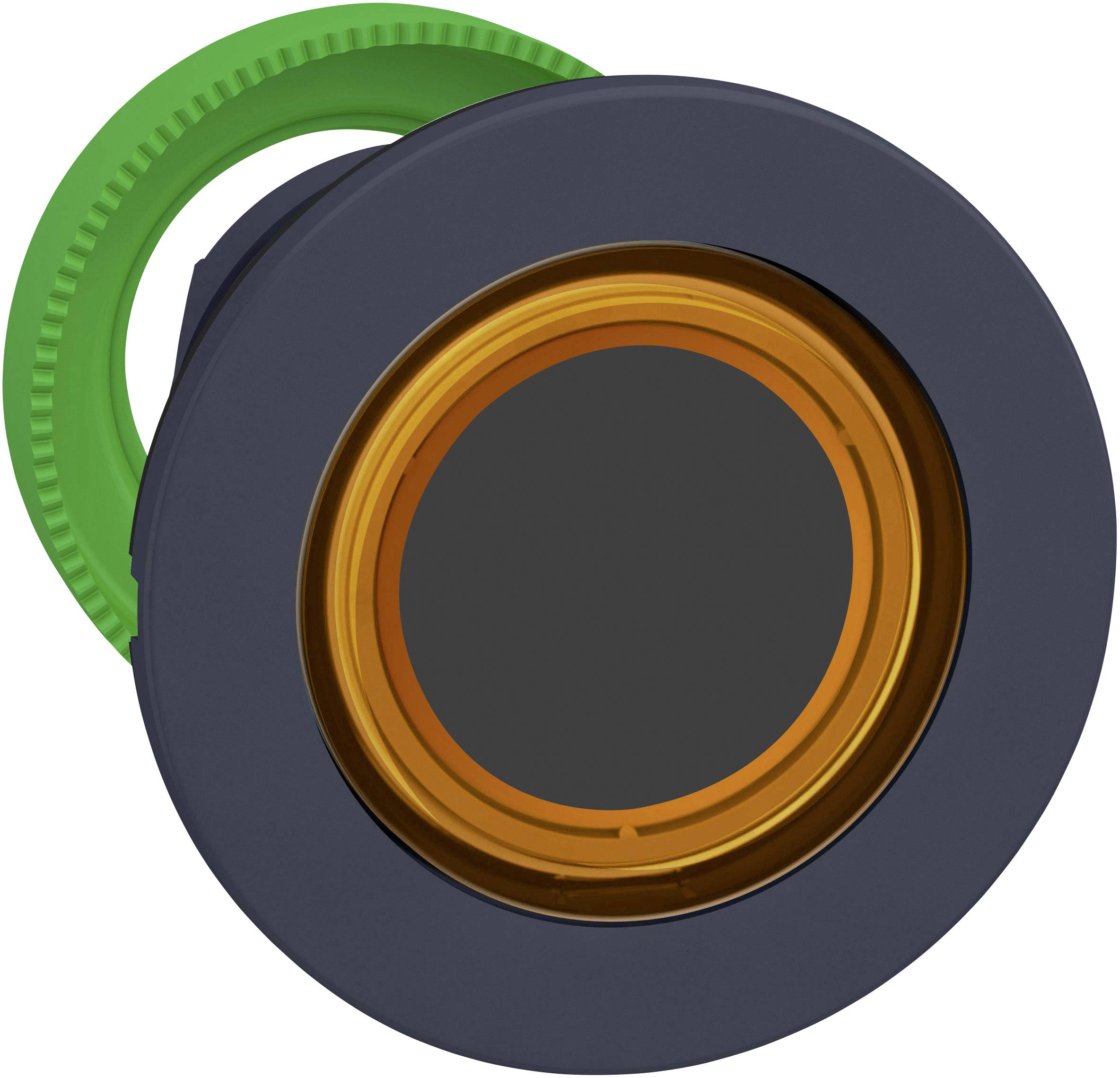 Ein orangefarbener Leuchtring mit grünem, gezahntem Befestigungsring. Der Leuchtring ist dunkel umrandet.