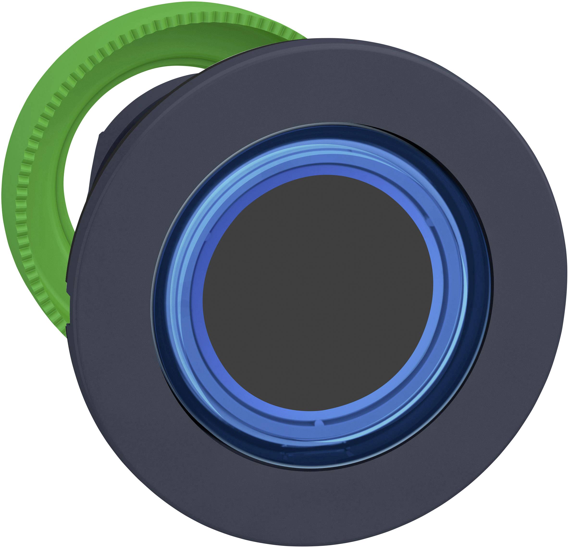 Ein runder, blauer Druckknopf mit einem grünen Befestigungsring, eingebaut in einer dunklen Halterung. Geeignet für industrielle Anwendungen.