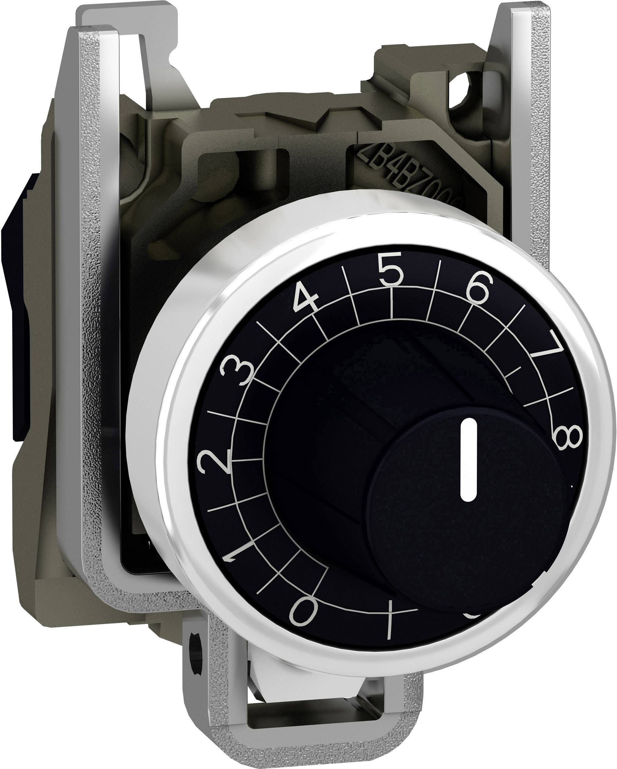 Drehschalter im Retro-Stil mit nummerierten Markierungen von 0 bis 9, montiert auf einer Metallhalterung.