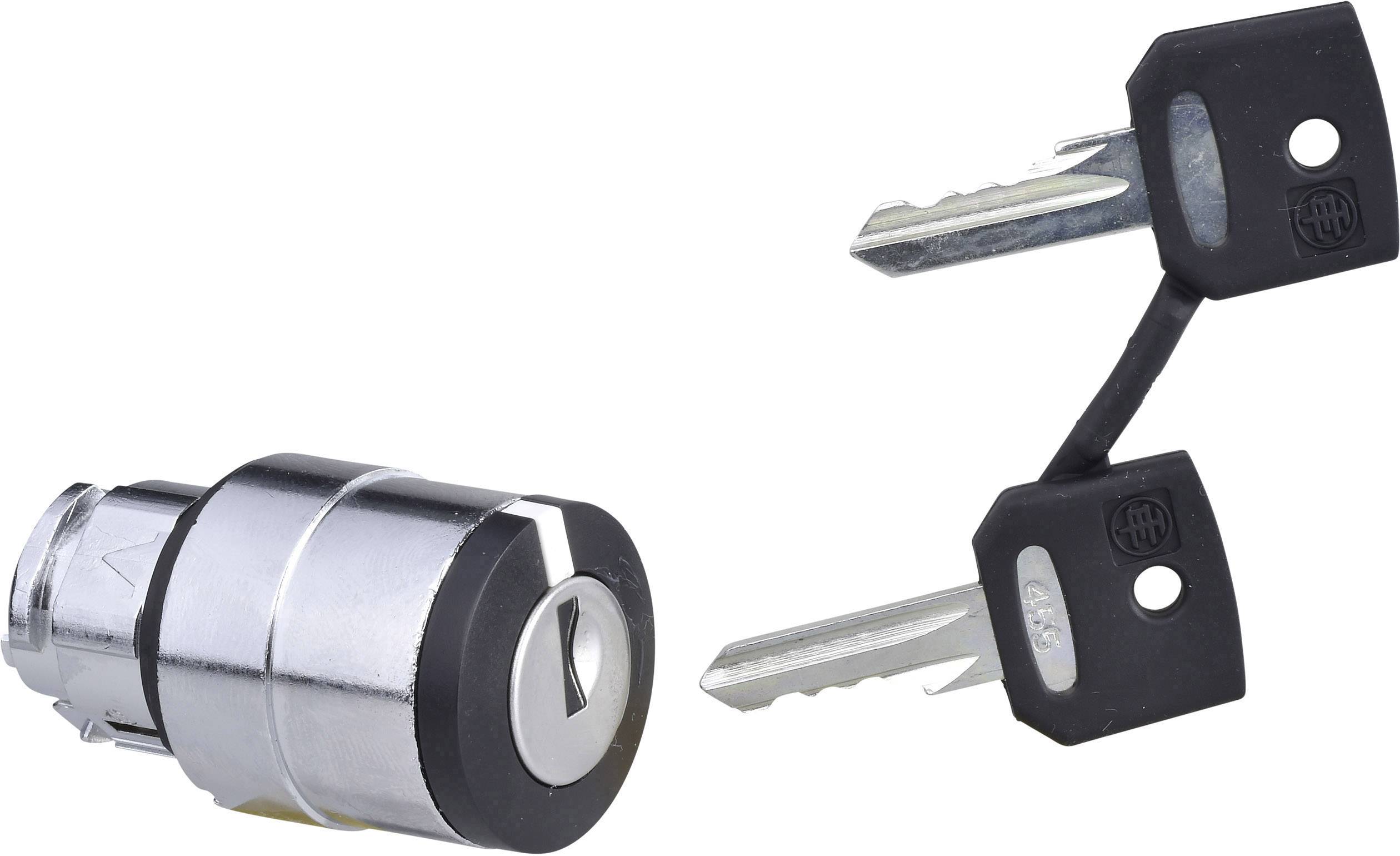 Ein Metallschlosszylinder mit zwei Schlüsseln. Der Zylinder ist silbern, während die Schlüssel schwarze Griffe haben.