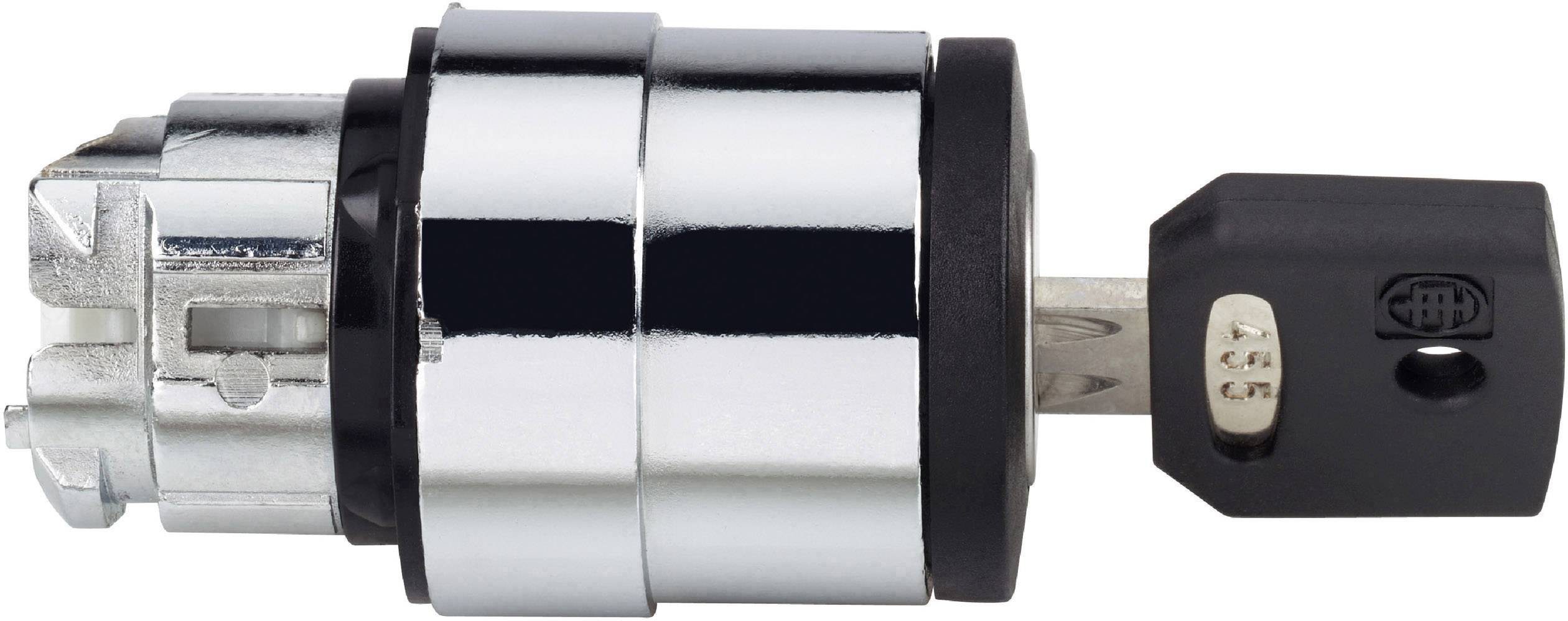 Silbernes Zylinderschloss mit schwarzem Schlüssel, der teilweise eingeführt ist. Schlüssel hat eine Nummer als Kennzeichnung.