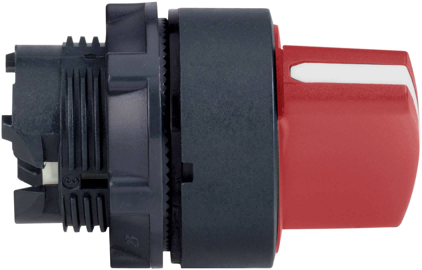 Ein roter Drehschalter mit schwarzer Basis, seitliche Ansicht. Verwendet zur Steuerung oder für Not-Aus-Funktionen.