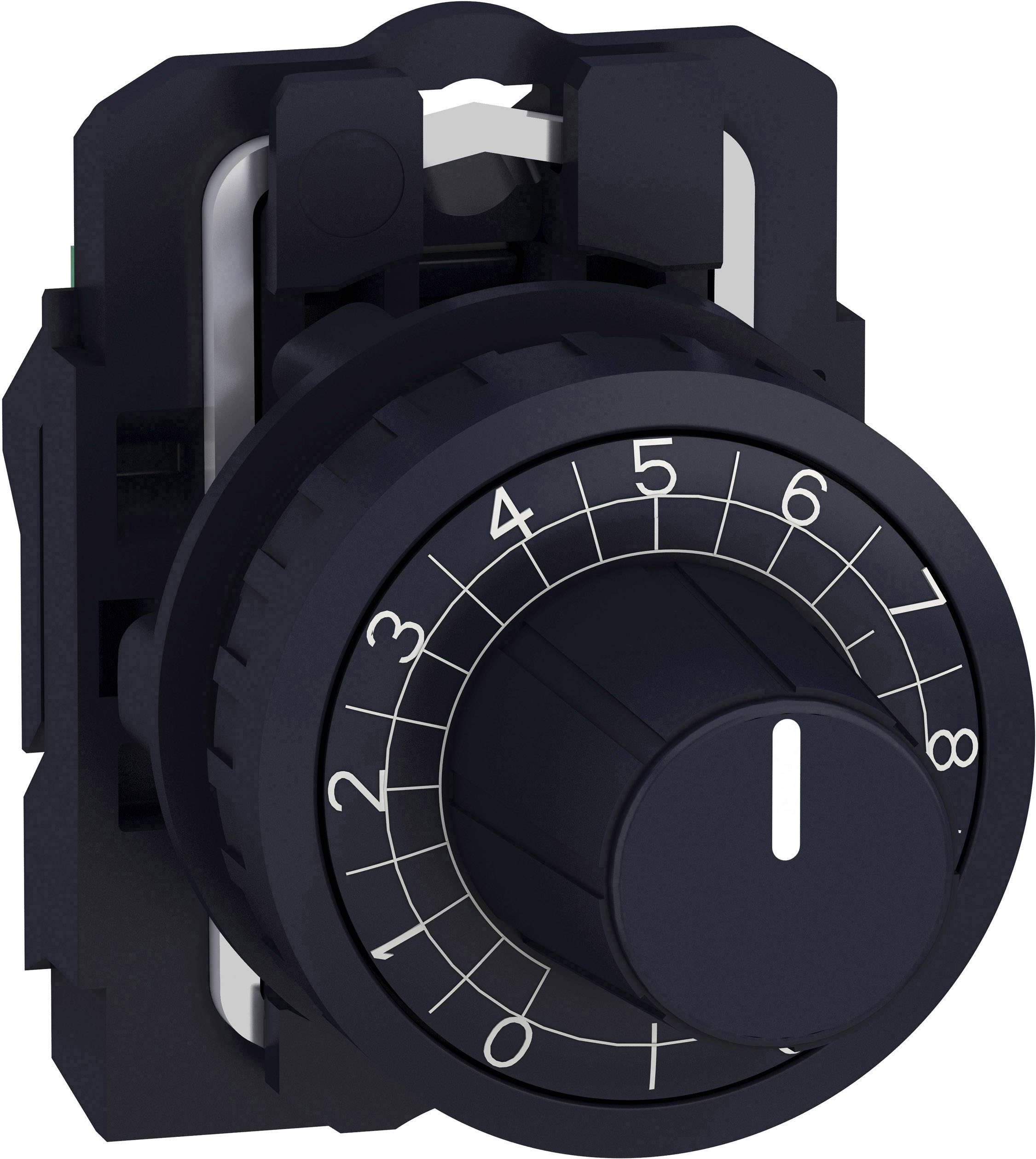 Schwarzer Drehschalter mit Zahlen 0 bis 9 auf einem weißen Zifferblatt, zur manuellen Einstellung oder Steuerung von Geräten.